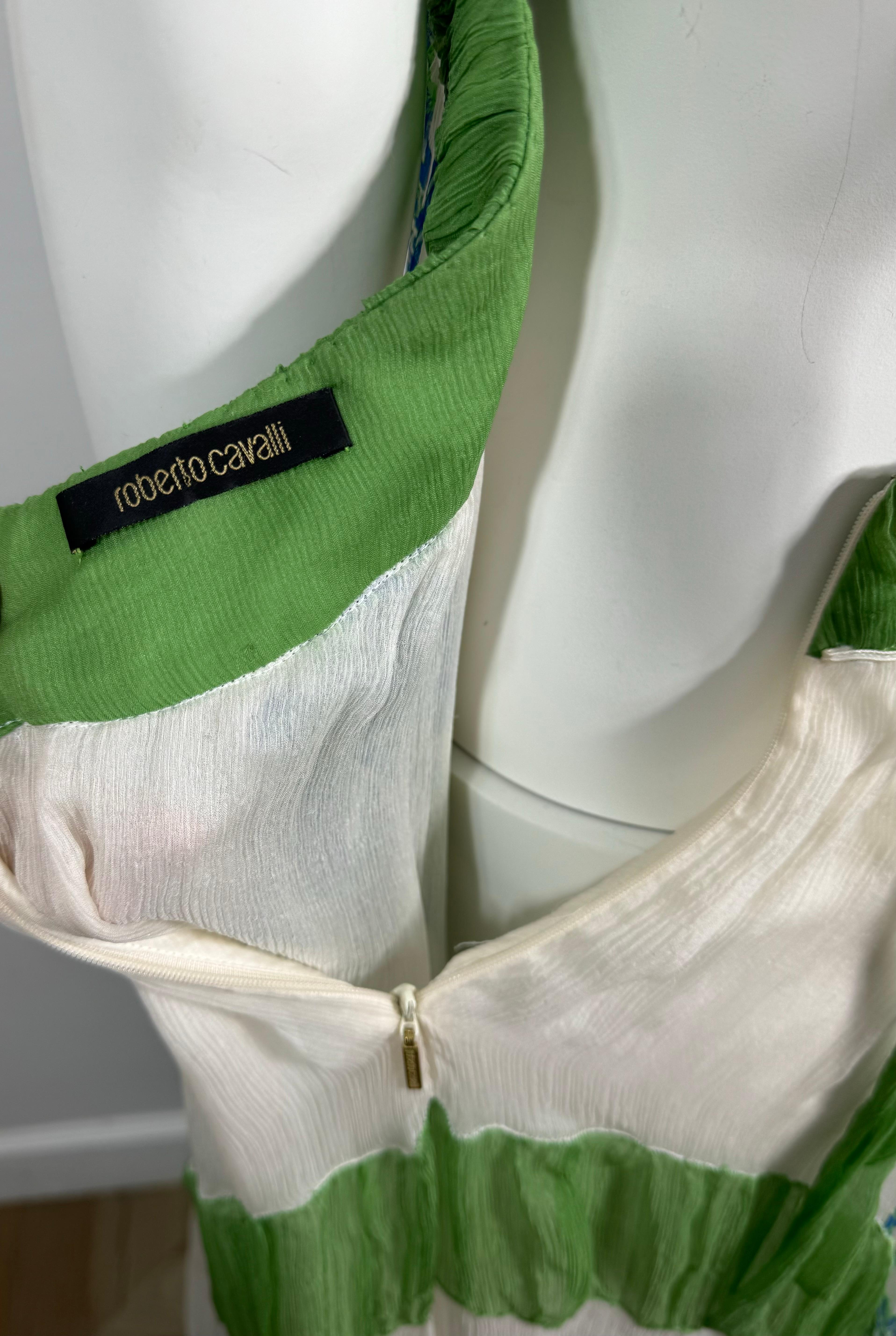Roberto Cavalli Spring 2007 Runway White Green and Aqua Chiffon Dress-Size 42 8