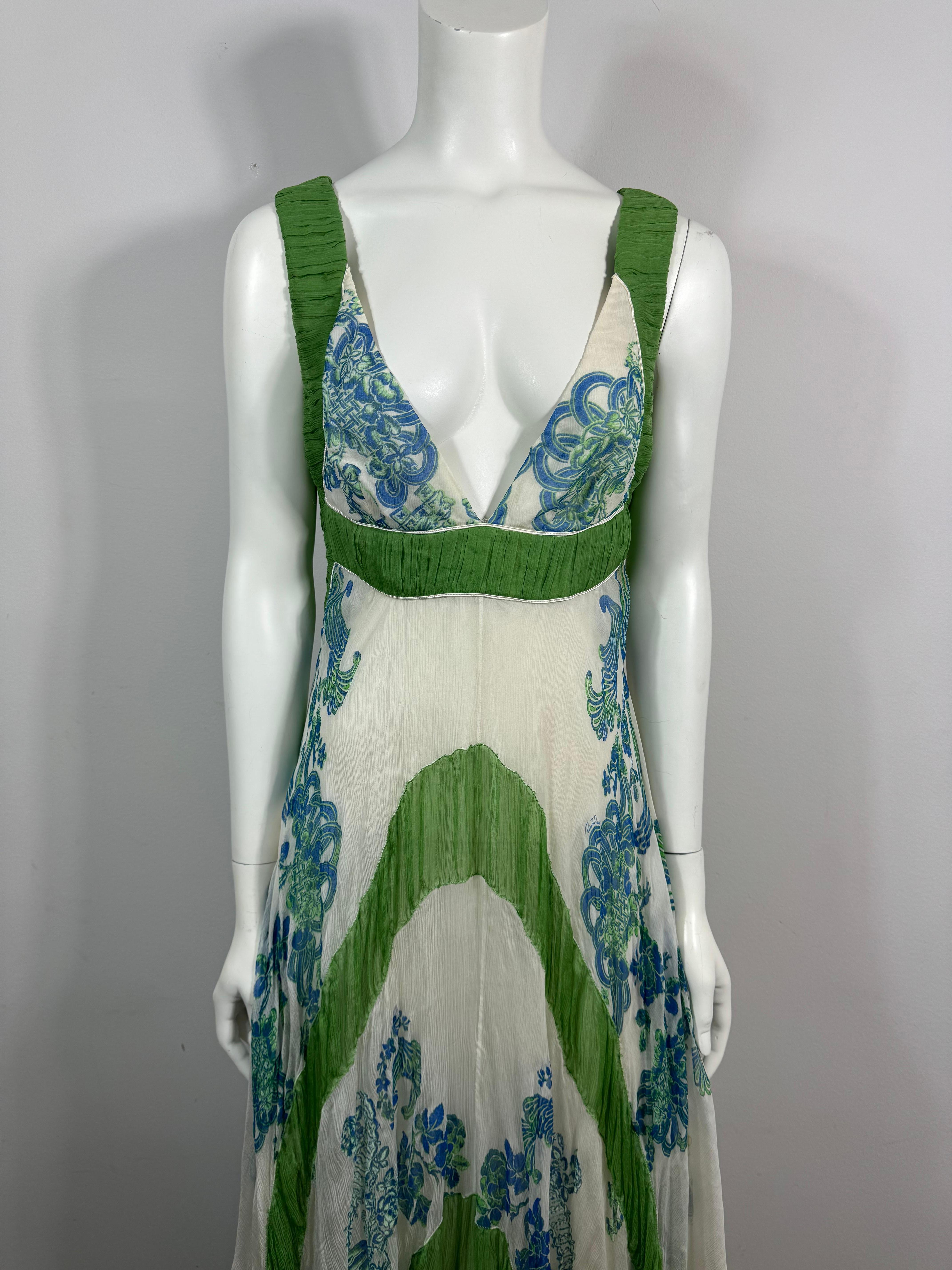 Roberto Cavalli Spring 2007 Runway White Green and Blue Chiffon Dress-Size 42 This fantastic white, green and aqua silk chiffon flowy gown was look #9 on the Runway in Milan of the Spring 2007 Collection Roberto Cavalli Fashion Show. The sleeveless