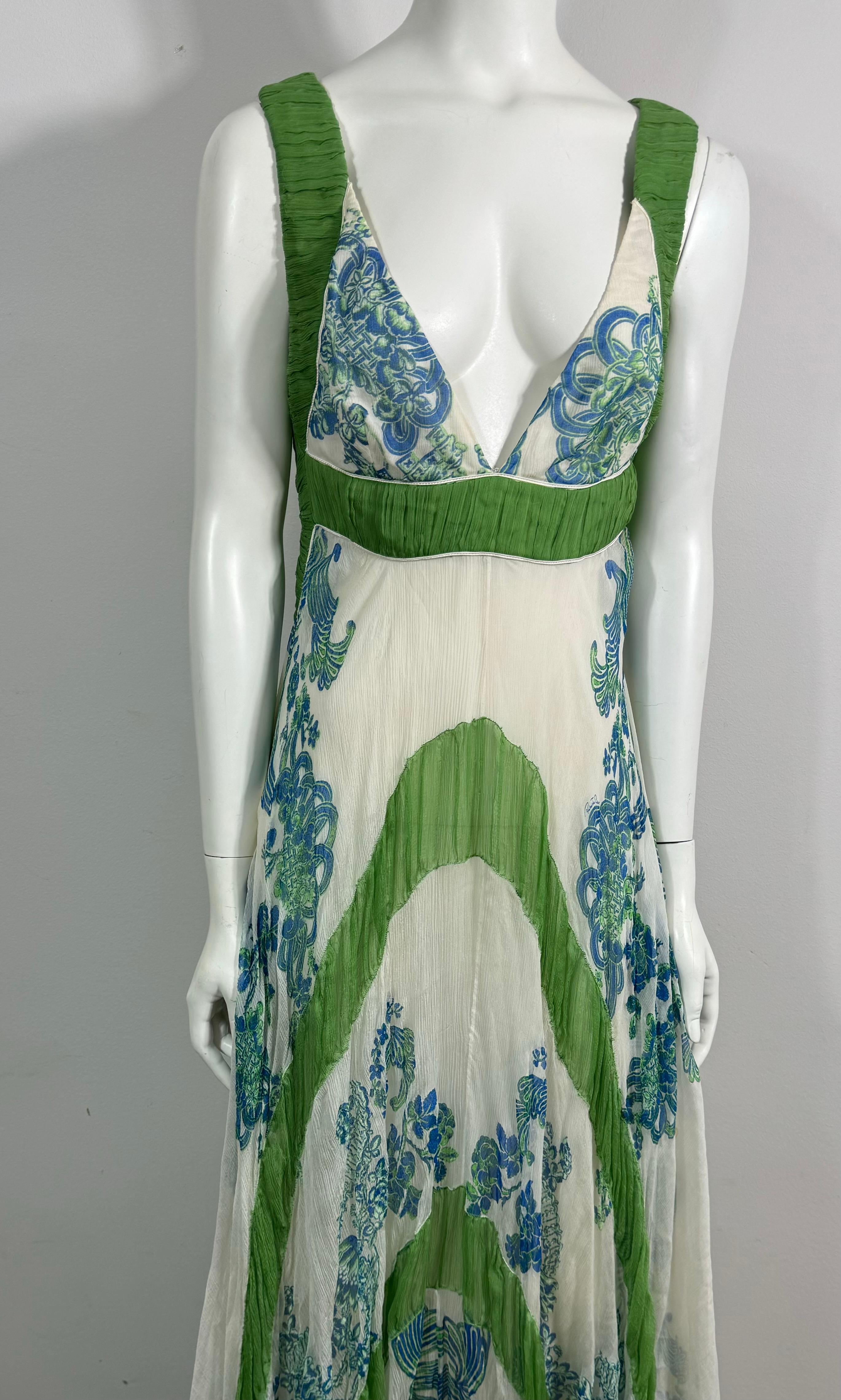 Women's Roberto Cavalli Spring 2007 Runway White Green and Aqua Chiffon Dress-Size 42
