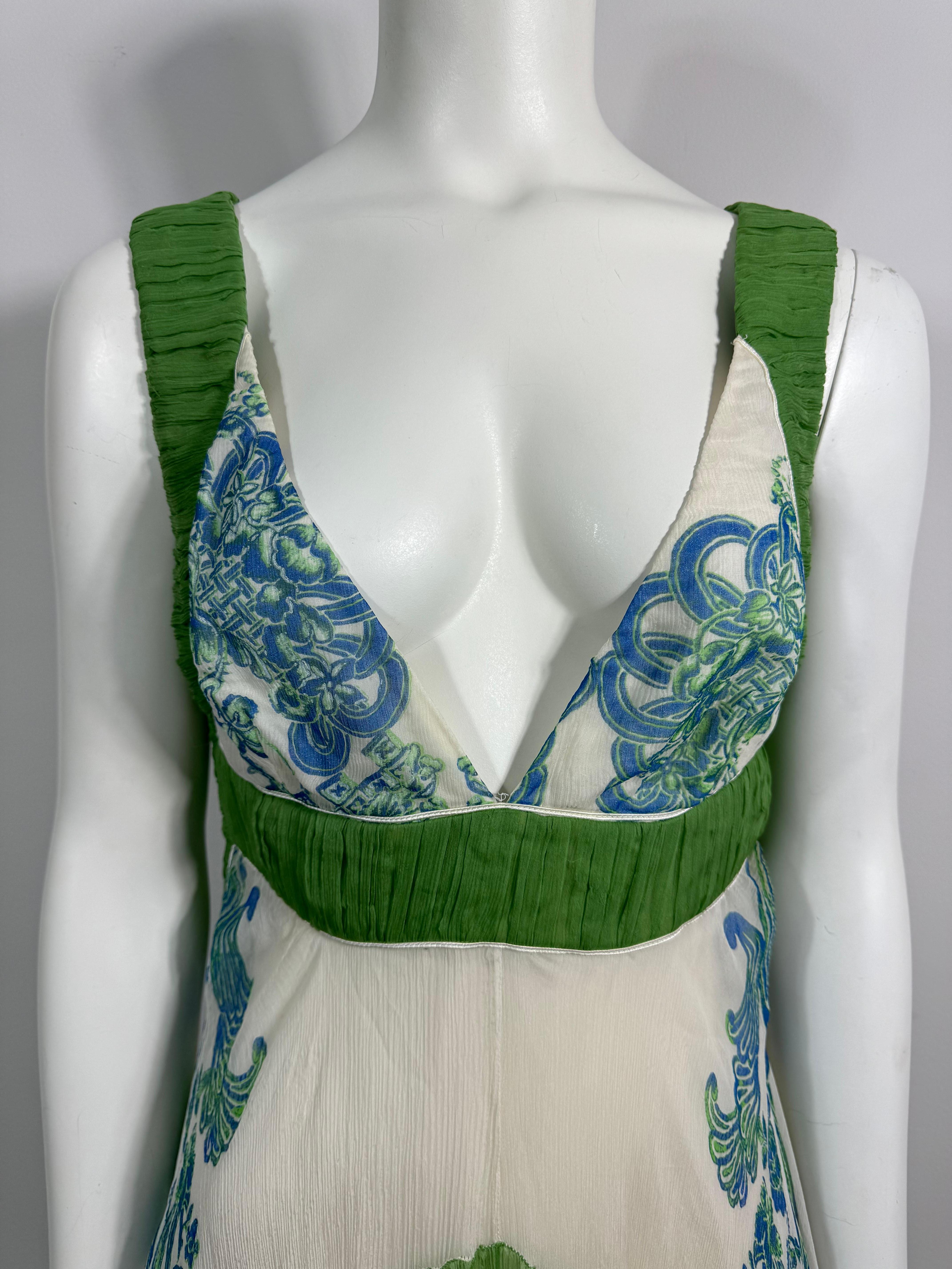 Roberto Cavalli Spring 2007 Runway White Green and Aqua Chiffon Dress-Size 42 1