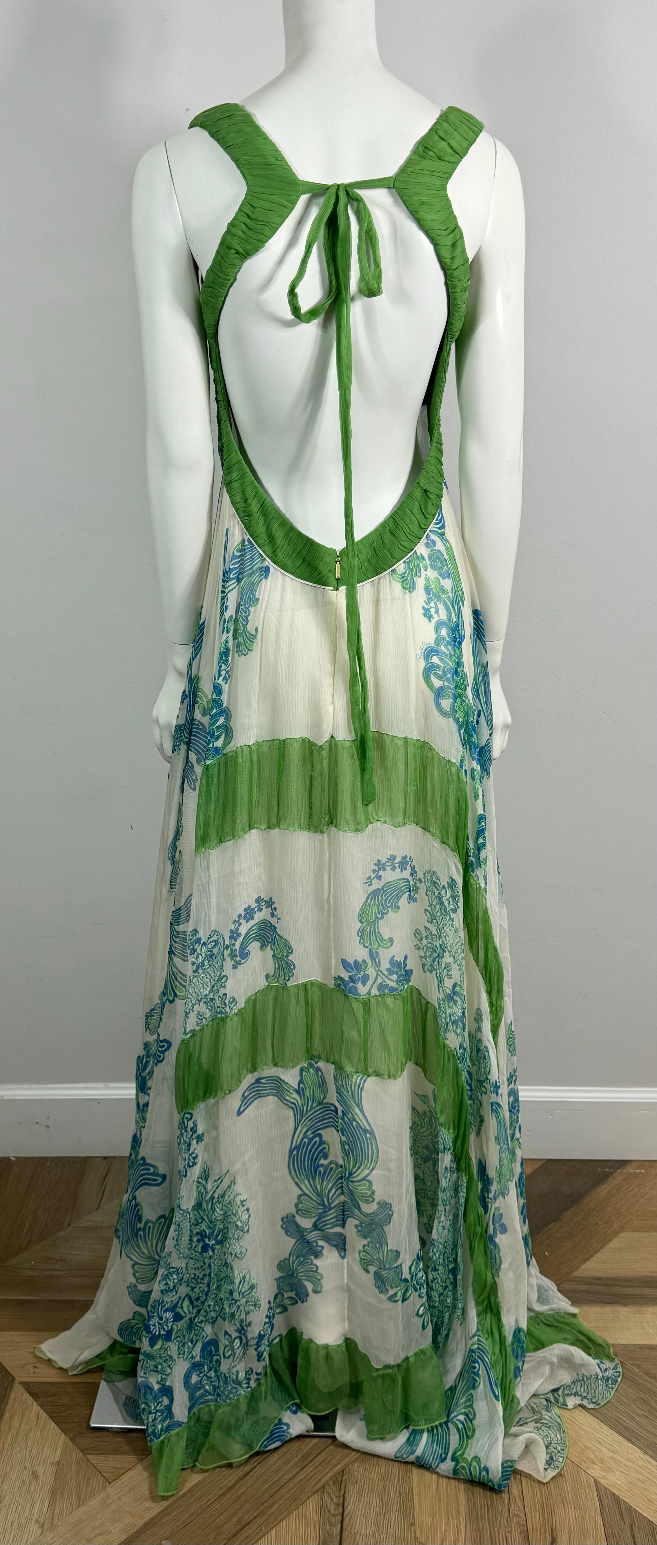 Roberto Cavalli Spring 2007 Runway White Green and Aqua Chiffon Dress-Size 42 4