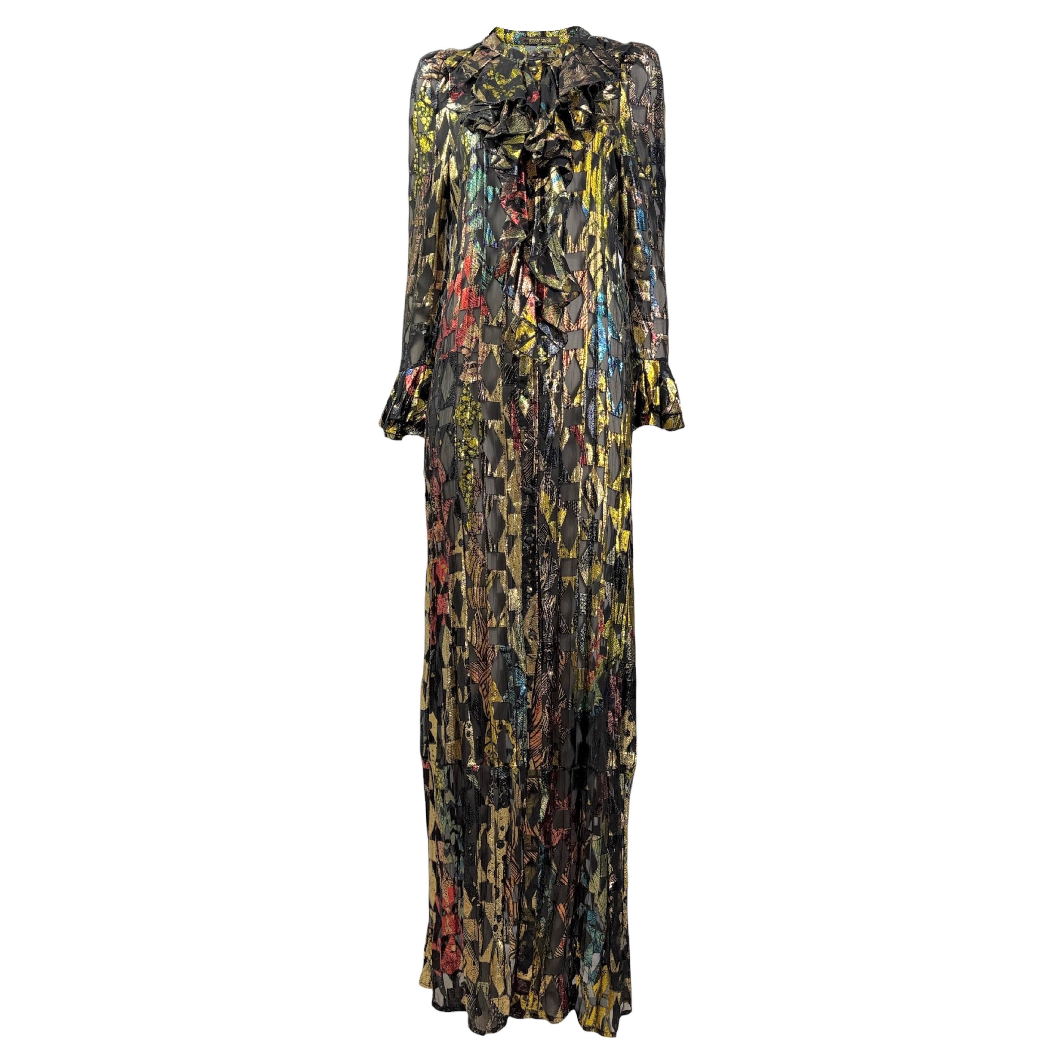Roberto Cavalli Primavera 2016 abito lungo con volant in seta lurex multicolore