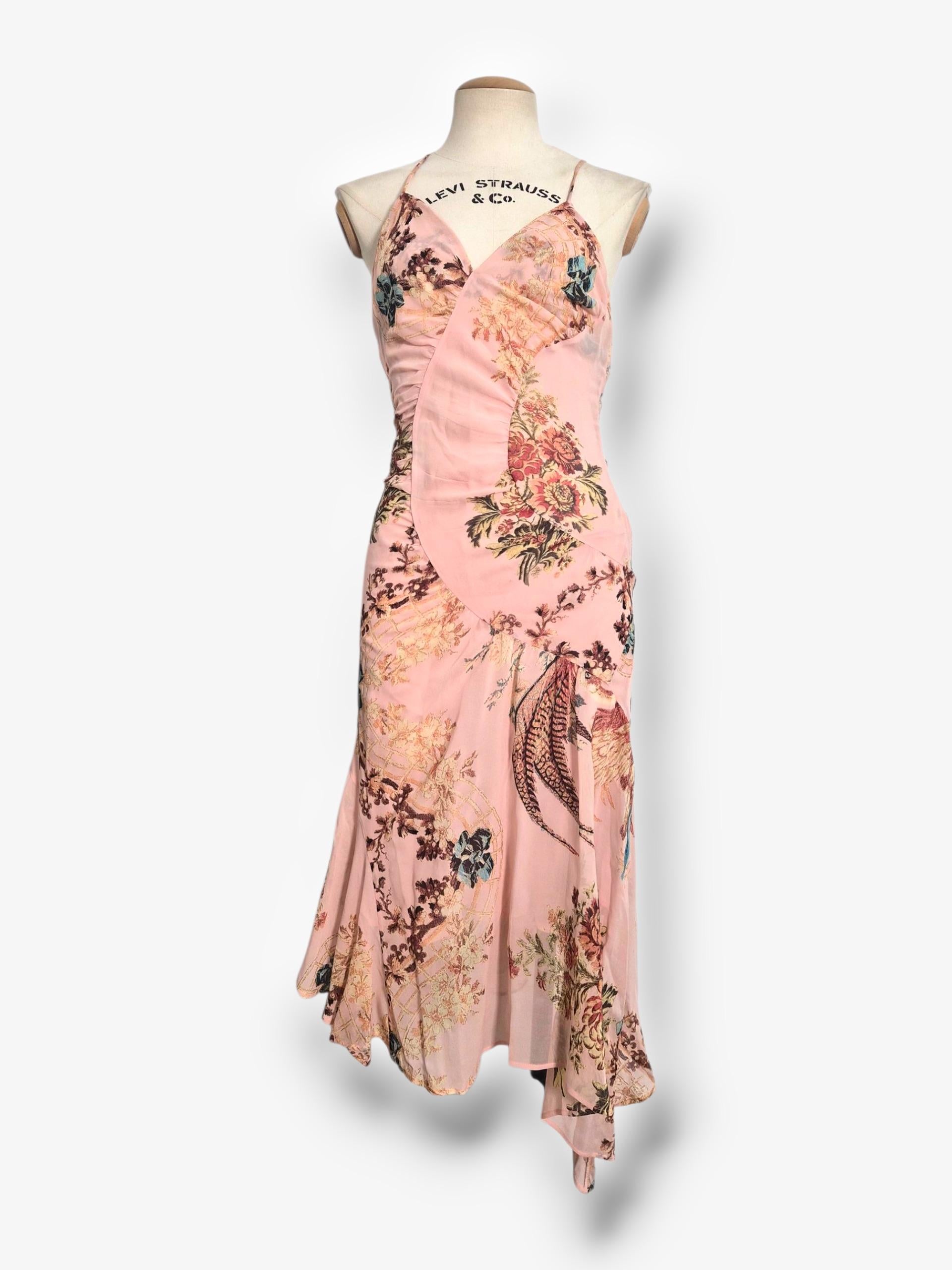Roberto Cavalli Frühjahr/Sommer 2003 Rosa Seidenkleid mit Fasanenprint im Zustand „Gut“ im Angebot in CAPELLE AAN DEN IJSSEL, ZH