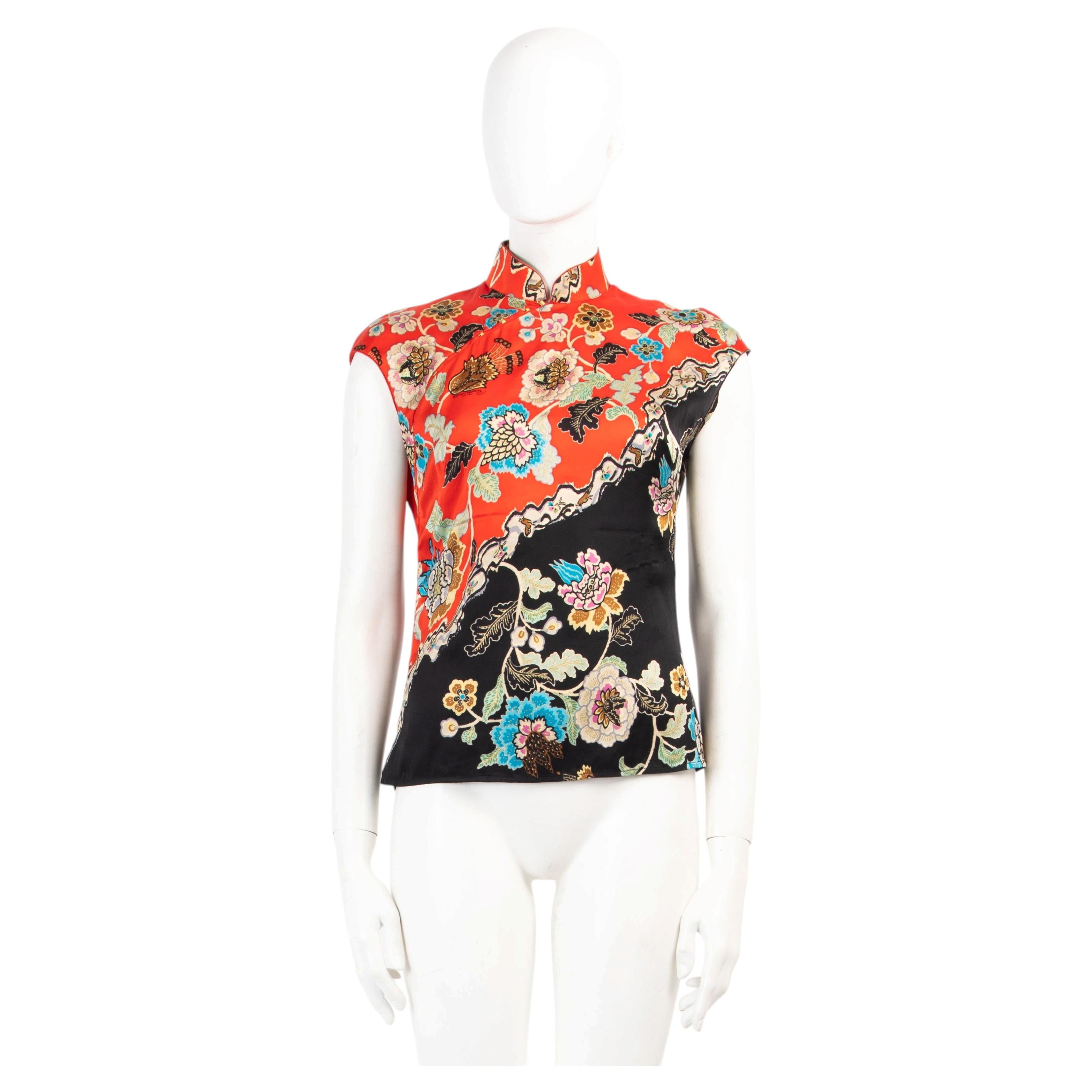 Roberto Cavalli Primavera/Verano 2003 Top Cheongsam de Seda Floral Rojo