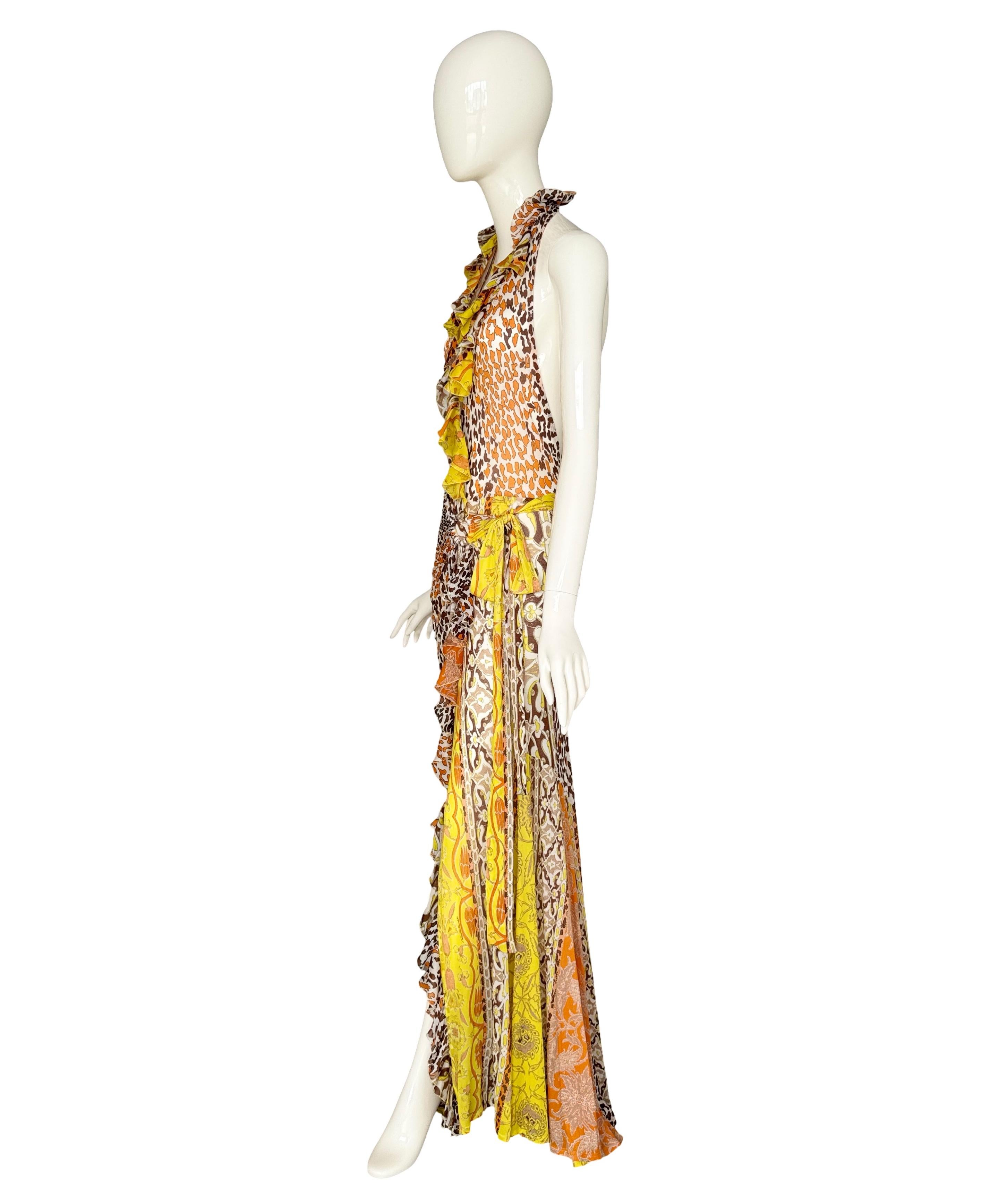 Roberto Cavalli Frühjahr/Sommer 2006 Vintage Signed Bedrucktes Seidenhalterkleid (Beige) im Angebot