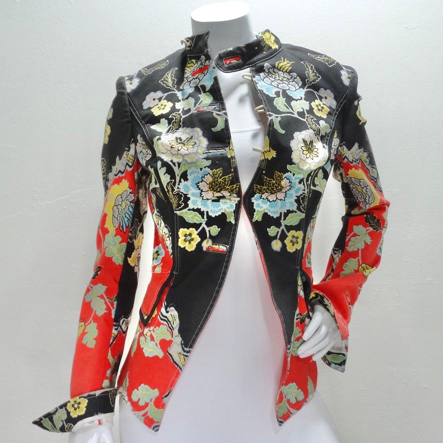 The most stunning Roberto Cavalli chinoiserie print jacket circa their spring/summer 2003 collection! A black and red base is contrasted by gorgeous pastel floral graphics in a signature Roberto Cavalli print. Featuring super chic hook closures