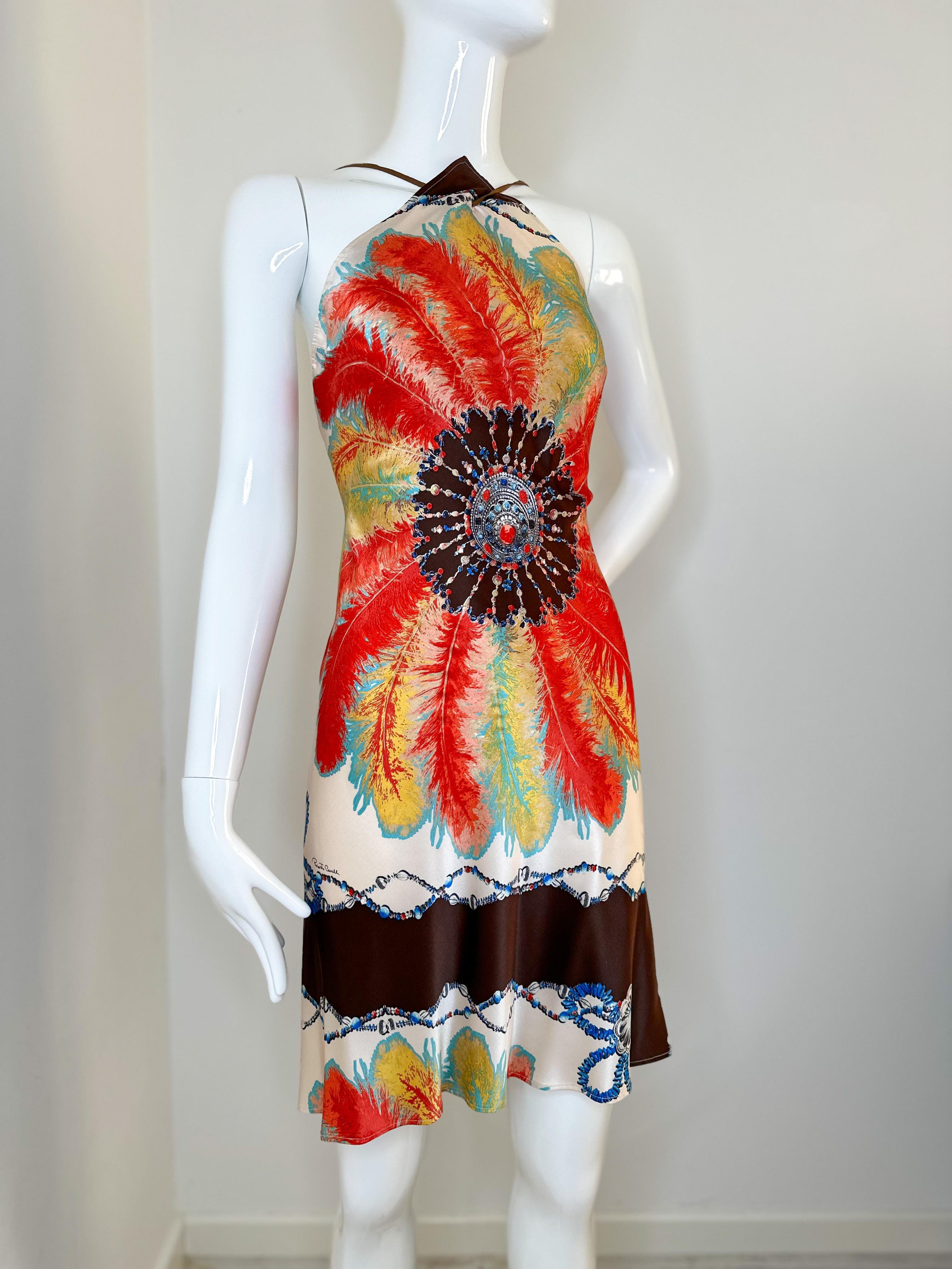 Roberto Cavalli 2004 multicolor printed mini silk dress with beaded suede strings 

Size S 
The dress is adjustable as the strings can be loosened or tightened in the back 
Variation of this dress was presented on the runway
Great vintage condition.