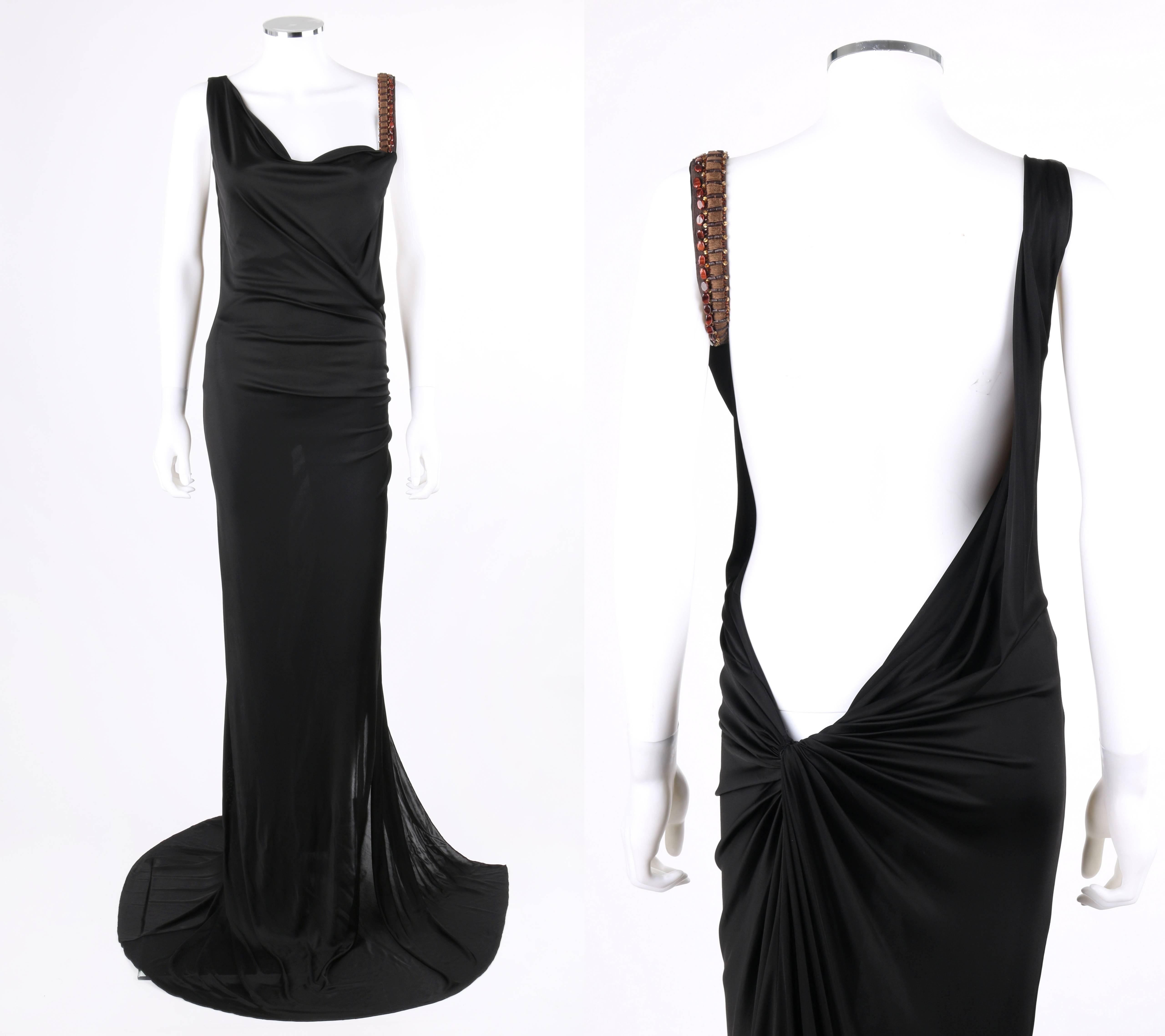 Roberto Cavalli Spring / Summer 2005 black jersey knit open back draped evening gown; New with tags. Runway look #59. Right embellished shoulder strap with brown satin stitch embroidery and glass beading of varying shapes in shades of brown and