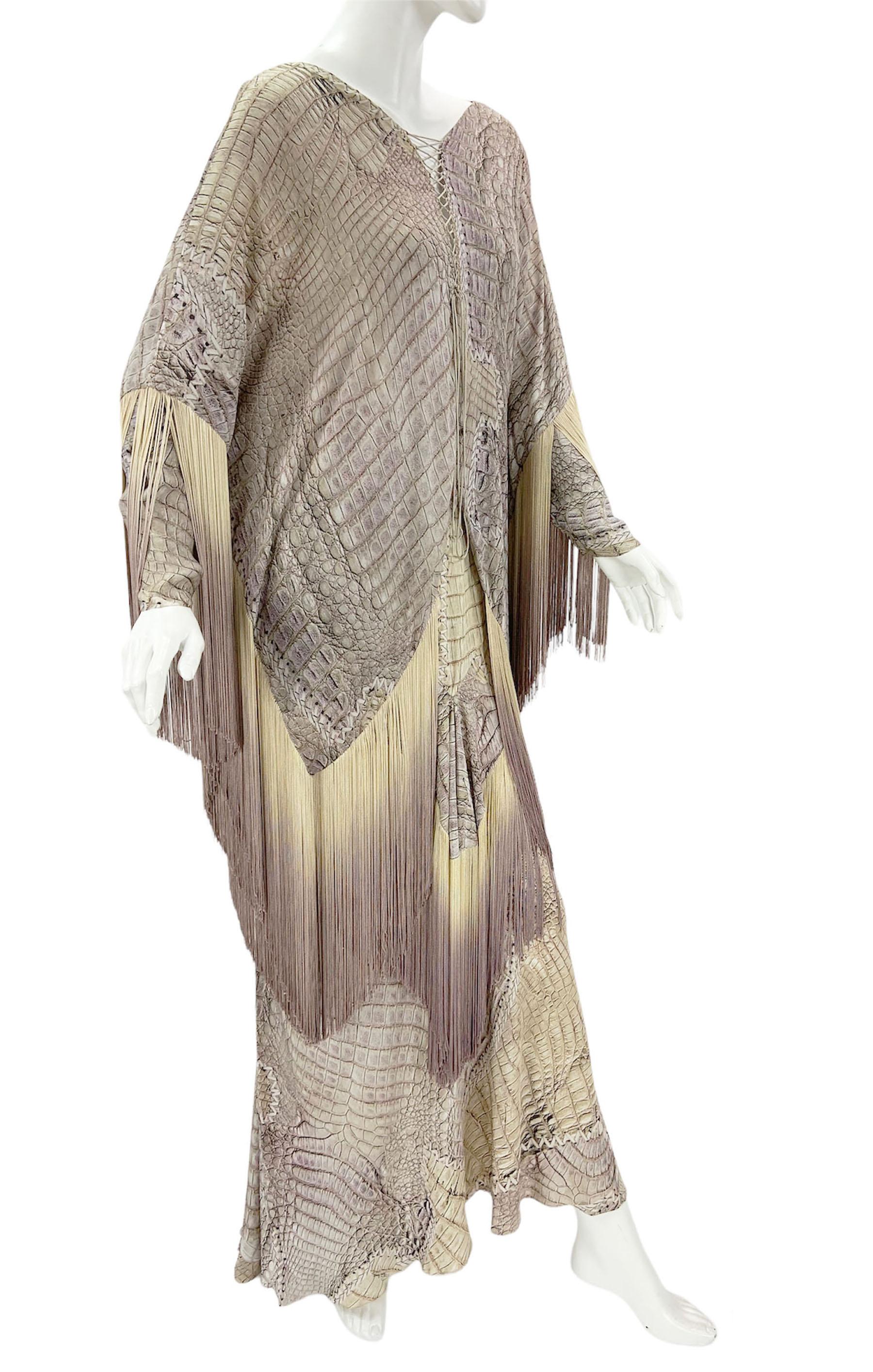 Women's Roberto Cavalli SS 2011 Runway Alligator Print Ombre Fringe Skirt + Caftan It 44 For Sale