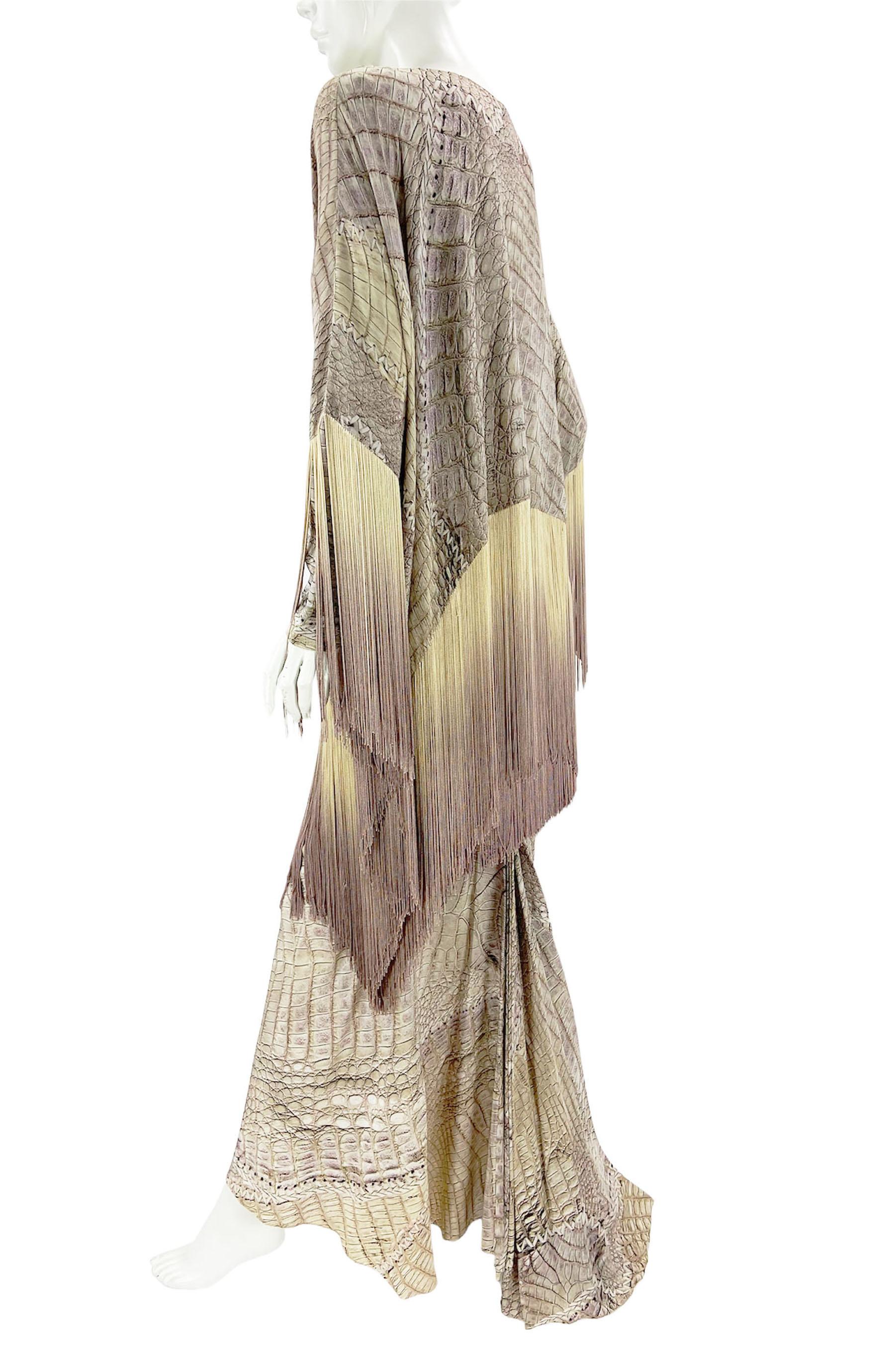 Roberto Cavalli SS 2011 Runway Falda de flecos ombre con estampado de cocodrilo + caftán It 44 en venta 1