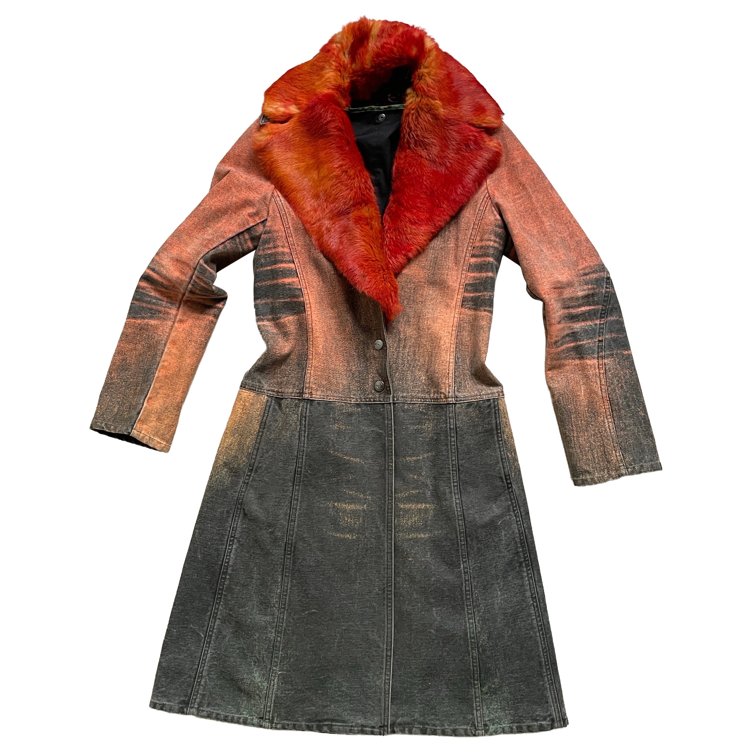 Pre-owned Just Cavalli Roberto Cavalli Ss2004 Sunset Overprint Coat / Orange Fur Neck