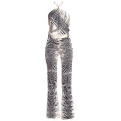 Vintage Roberto Cavalli Stretch Silk Satin Zebra Pants Scarf Top With Crystals