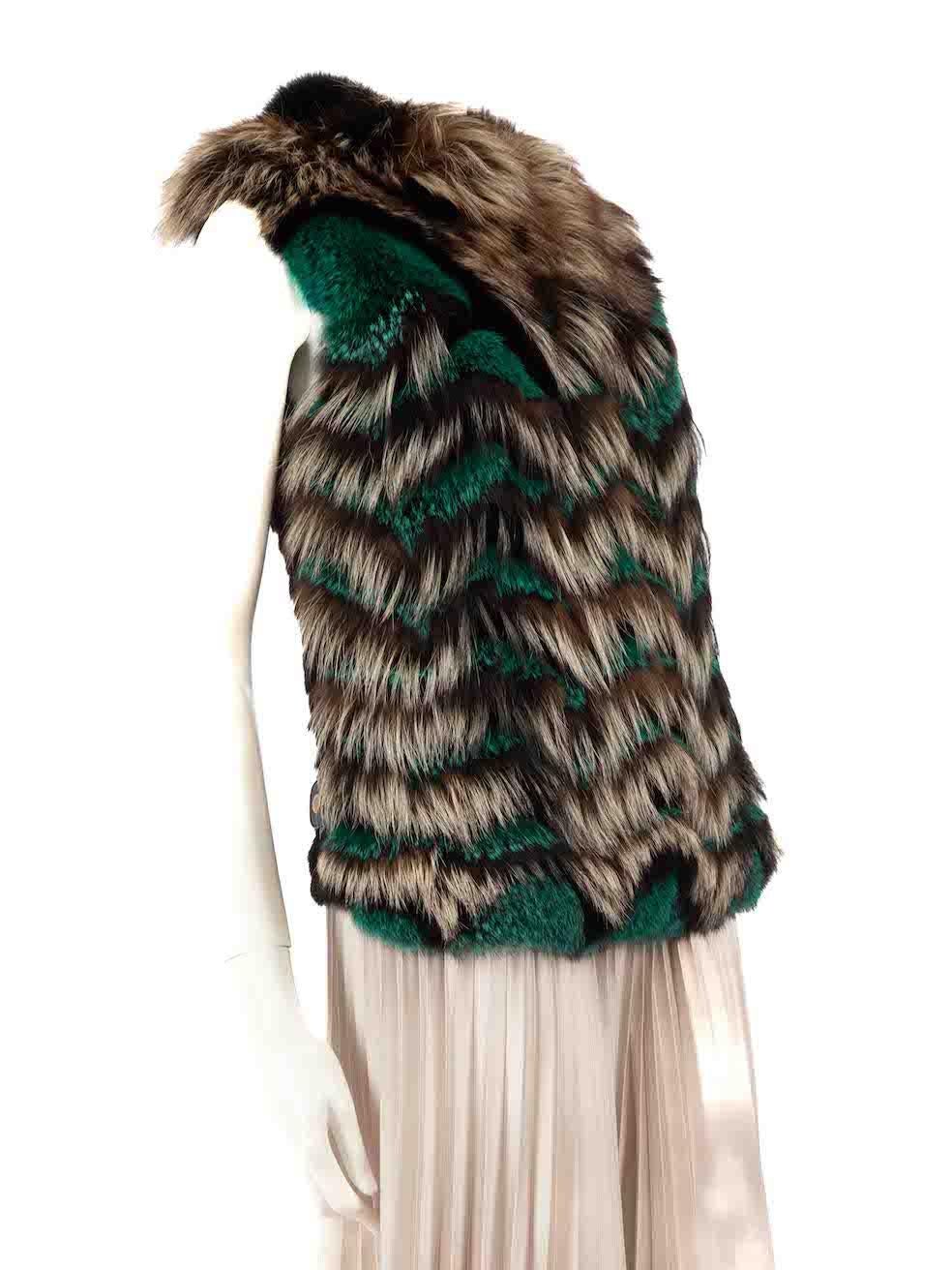 CONDITION is Very good. Hardly any visible wear to vest is evident on this used Roberto Cavalli designer resale item.
 
 
 
 Details
 
 
 Multicolour- brown, green
 
 Fur
 
 Vest
 
 Striped pattern
 
 Front hook fastening
 
 Round neck
 
 
 
 
 
