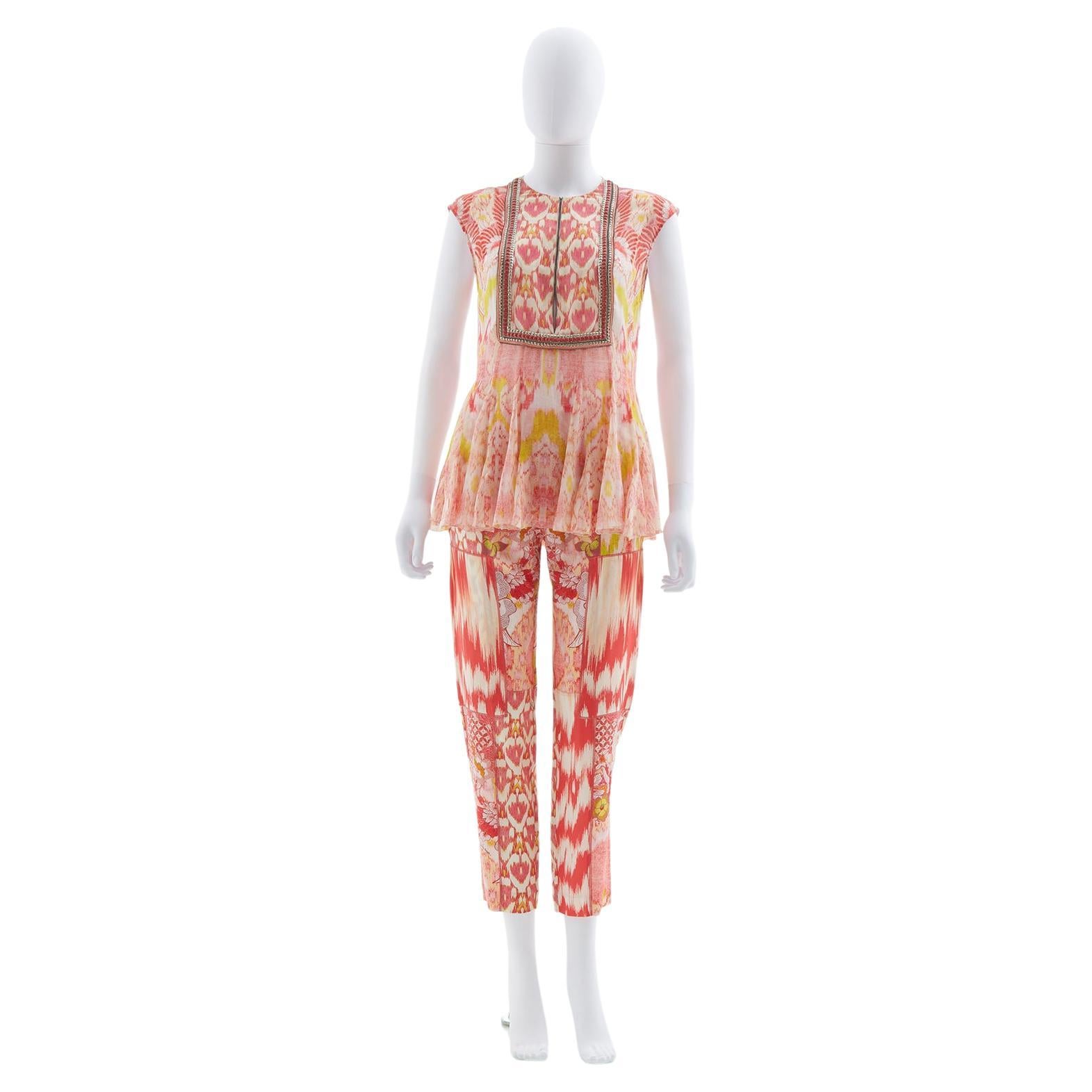 Roberto Cavalli Stud embellished top and silk printed pants set, Resort 2014 For Sale
