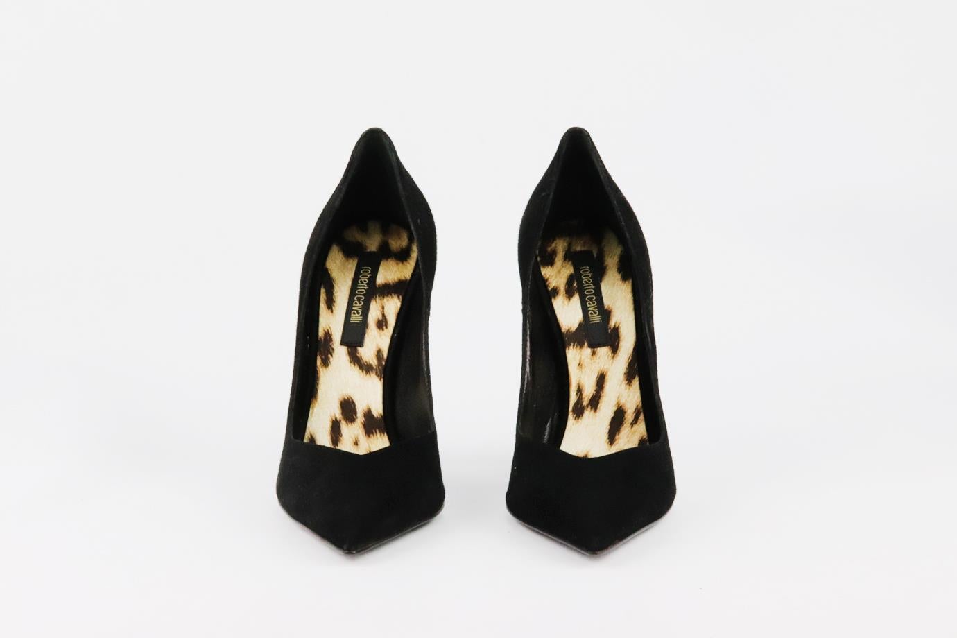 These pumps by Roberto Cavalli are a classic style that will never date, made in Italy from black suede, they have sharp pointed toes and striking 89 mm heels to take you from morning meetings to dinner with friends. Heel measures approximately 89