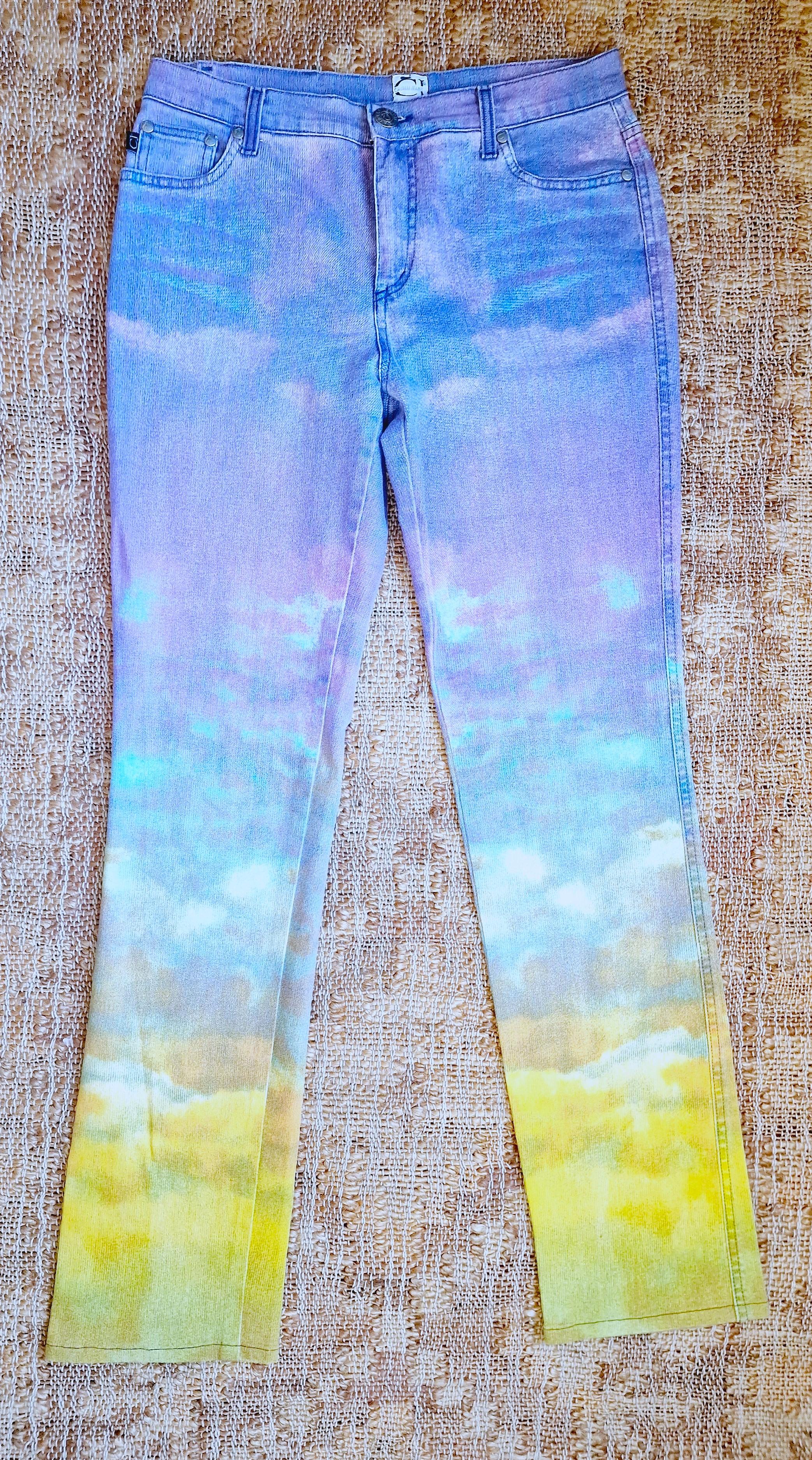 Blue Roberto Cavalli Sunset Psychedelic Optical Illusion Vintage Large Y2K Pants For Sale