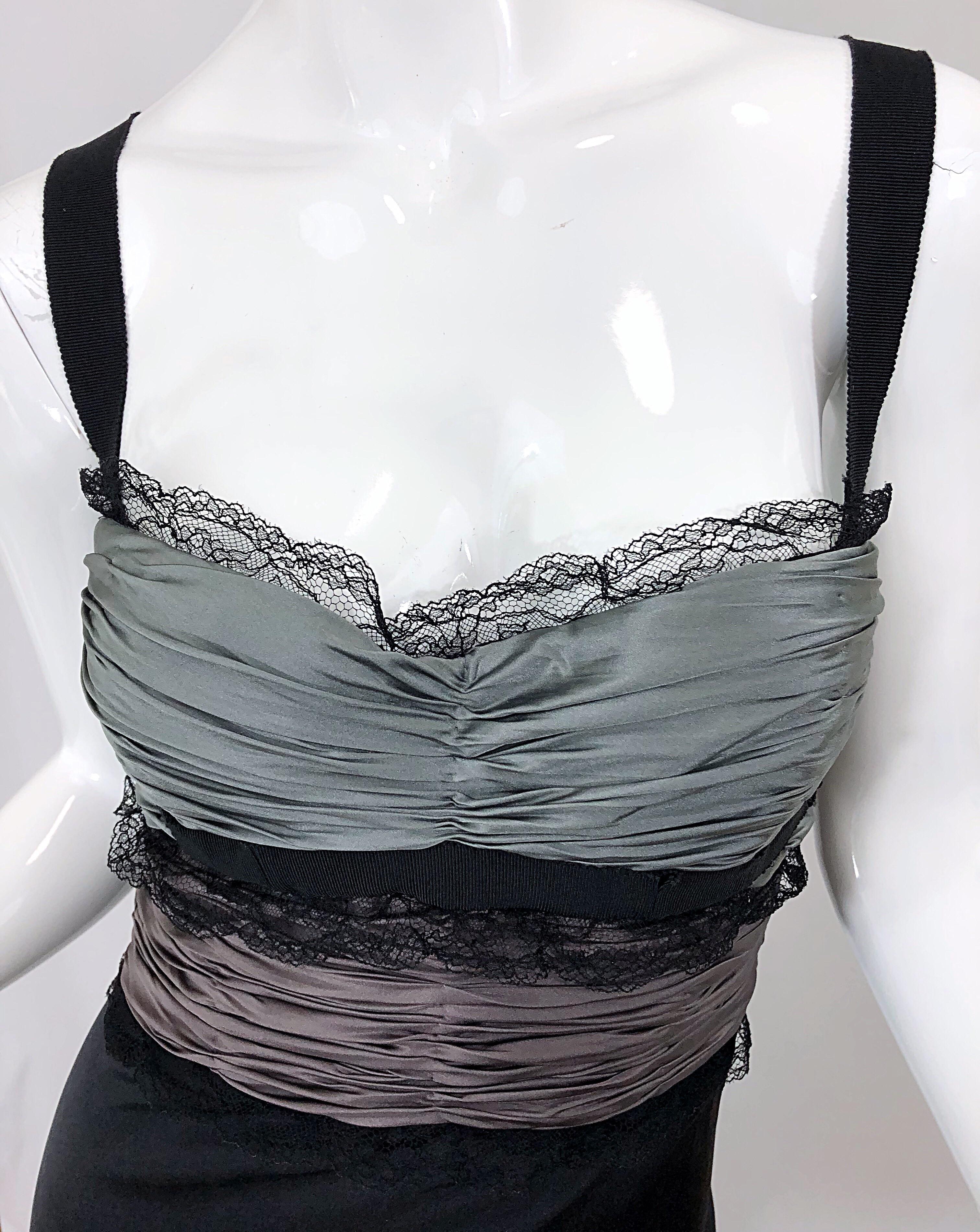Roberto Cavalli Sz 46 / 10 Black and Grey Silk + Lace Sexy Sleeveless Dress In Excellent Condition In San Diego, CA
