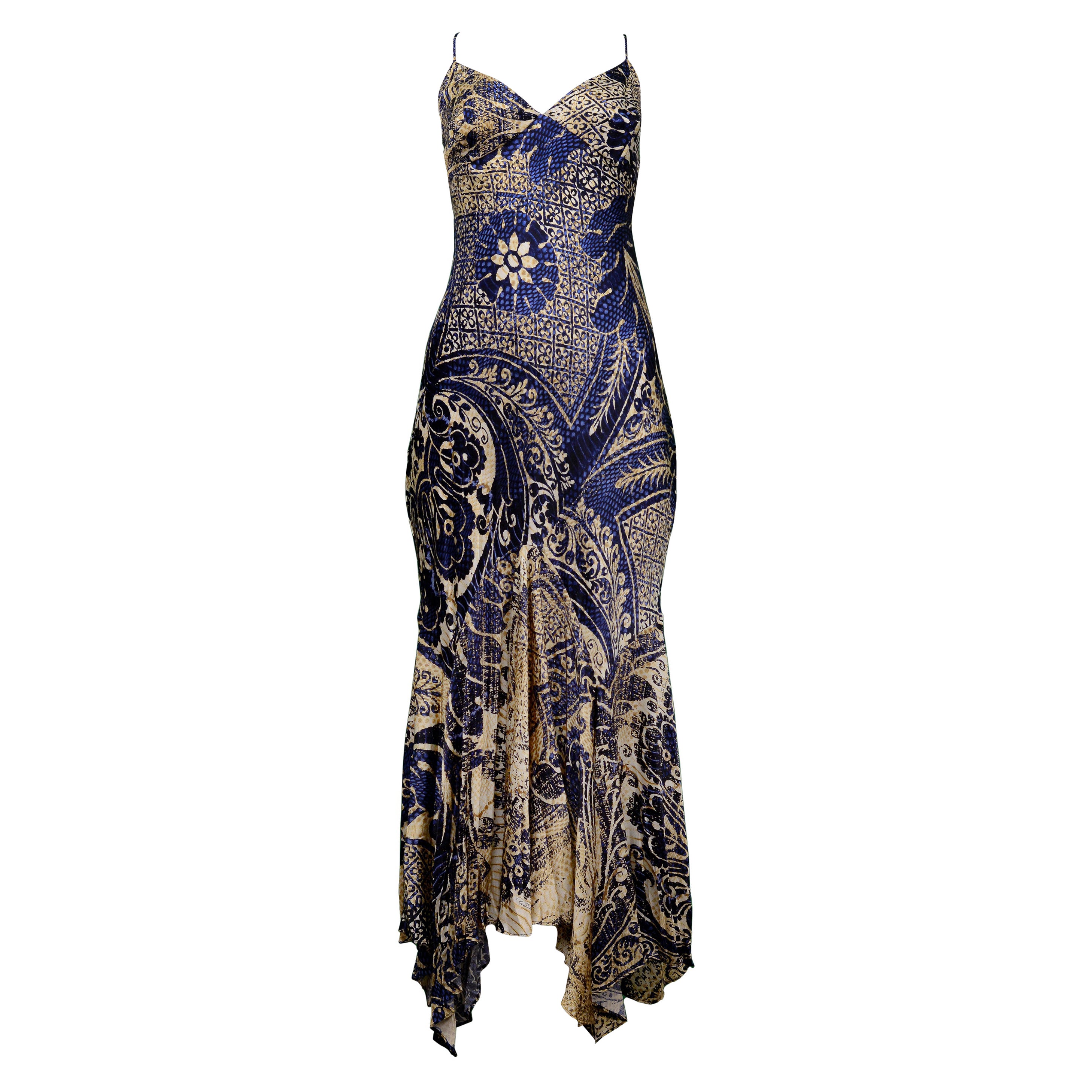 Roberto Cavalli Vestido estampado bronceado y azul Volver 2005