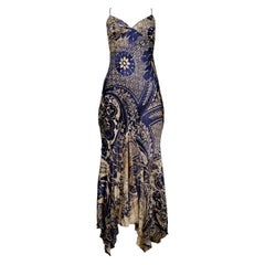 Roberto Cavalli Tan And Blue Printed Slip Dress Back 2005