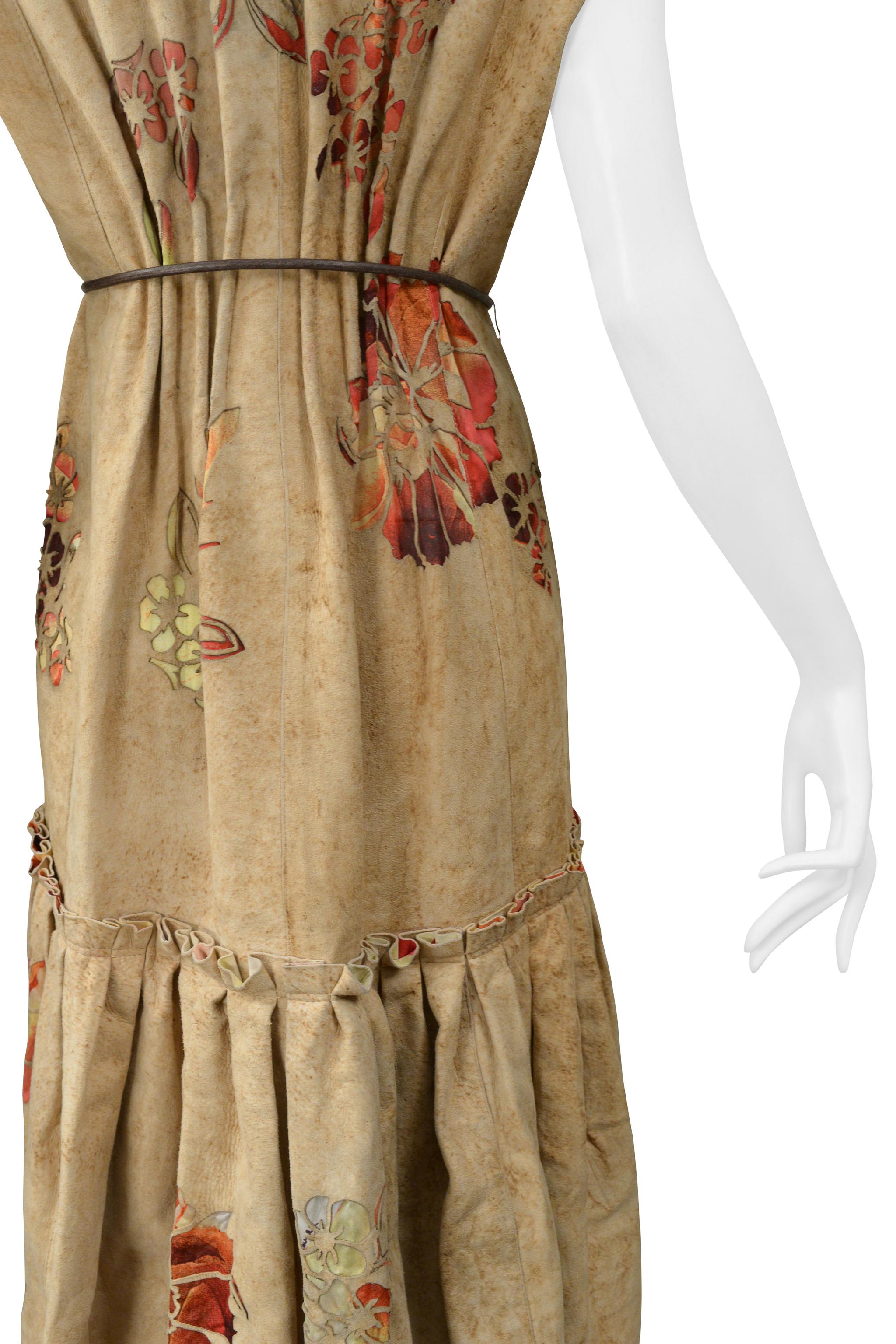 Roberto Cavalli Tan Distressed Suede Vest Dress With Laser Cut Floral Pattern For Sale 5