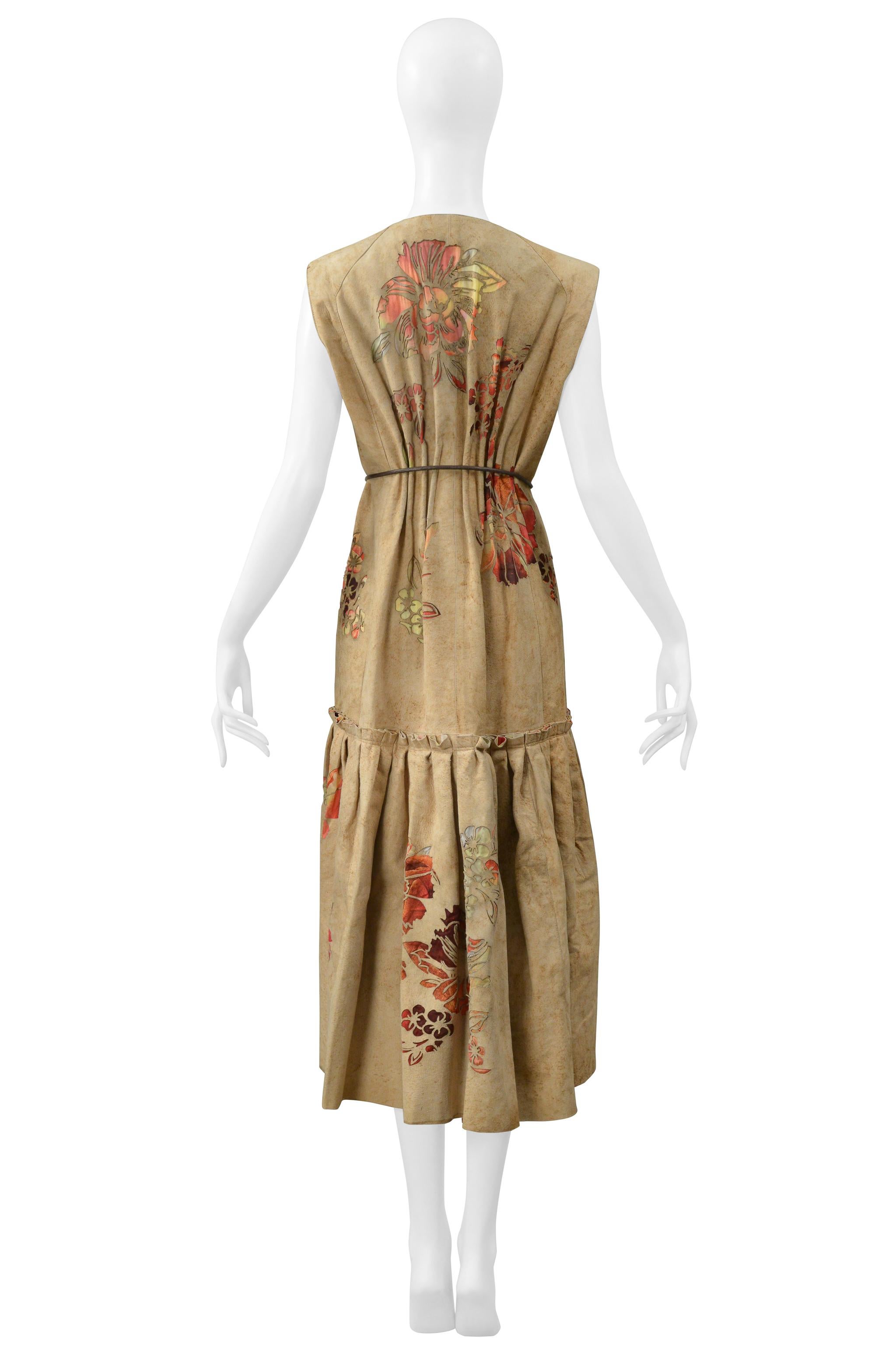 Roberto Cavalli Tan Distressed Suede Vest Dress With Laser Cut Floral Pattern For Sale 6