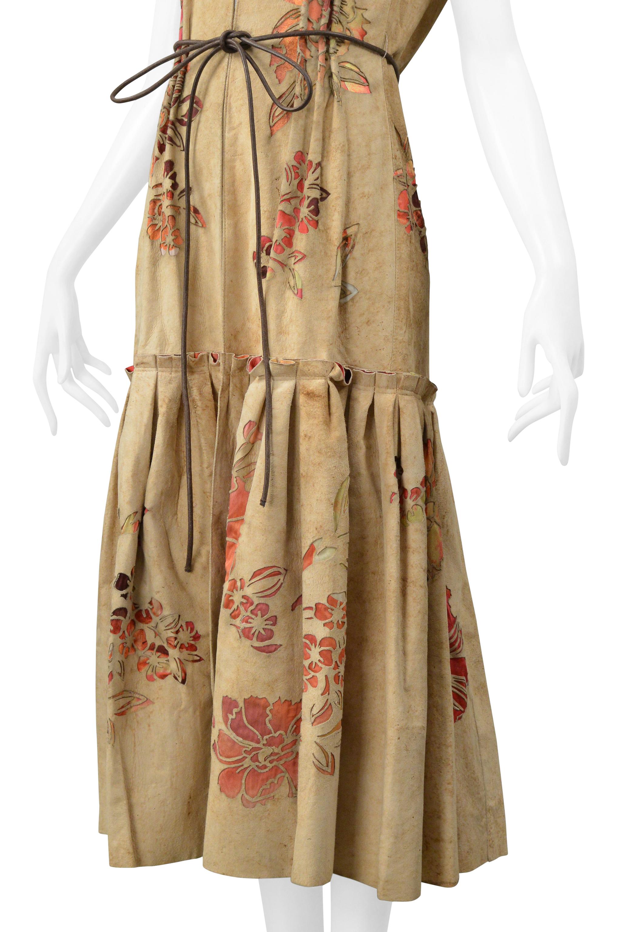 Roberto Cavalli Tan Distressed Suede Vest Dress With Laser Cut Floral Pattern In Excellent Condition For Sale In Los Angeles, CA