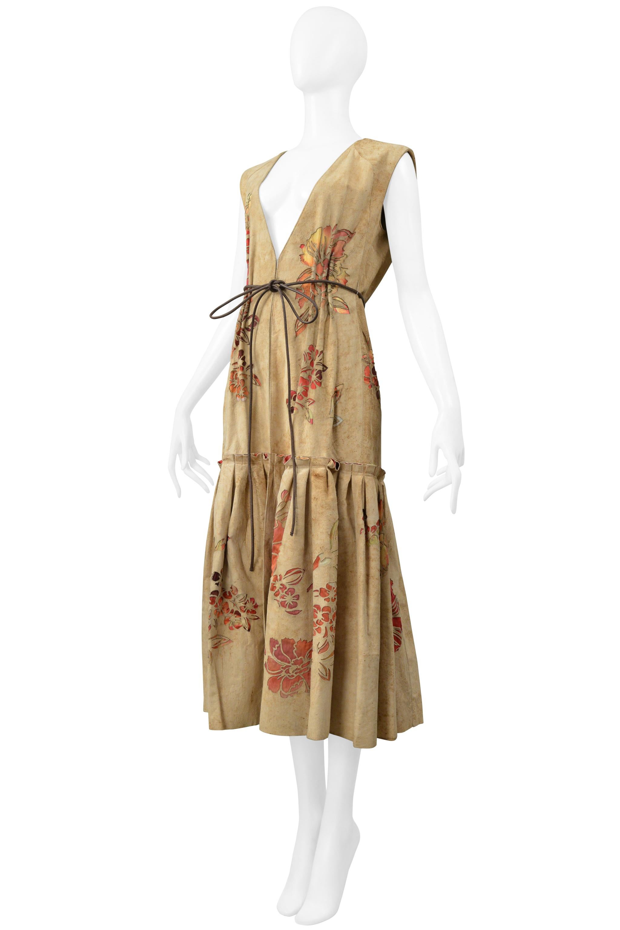 Women's Roberto Cavalli Tan Distressed Suede Vest Dress With Laser Cut Floral Pattern For Sale