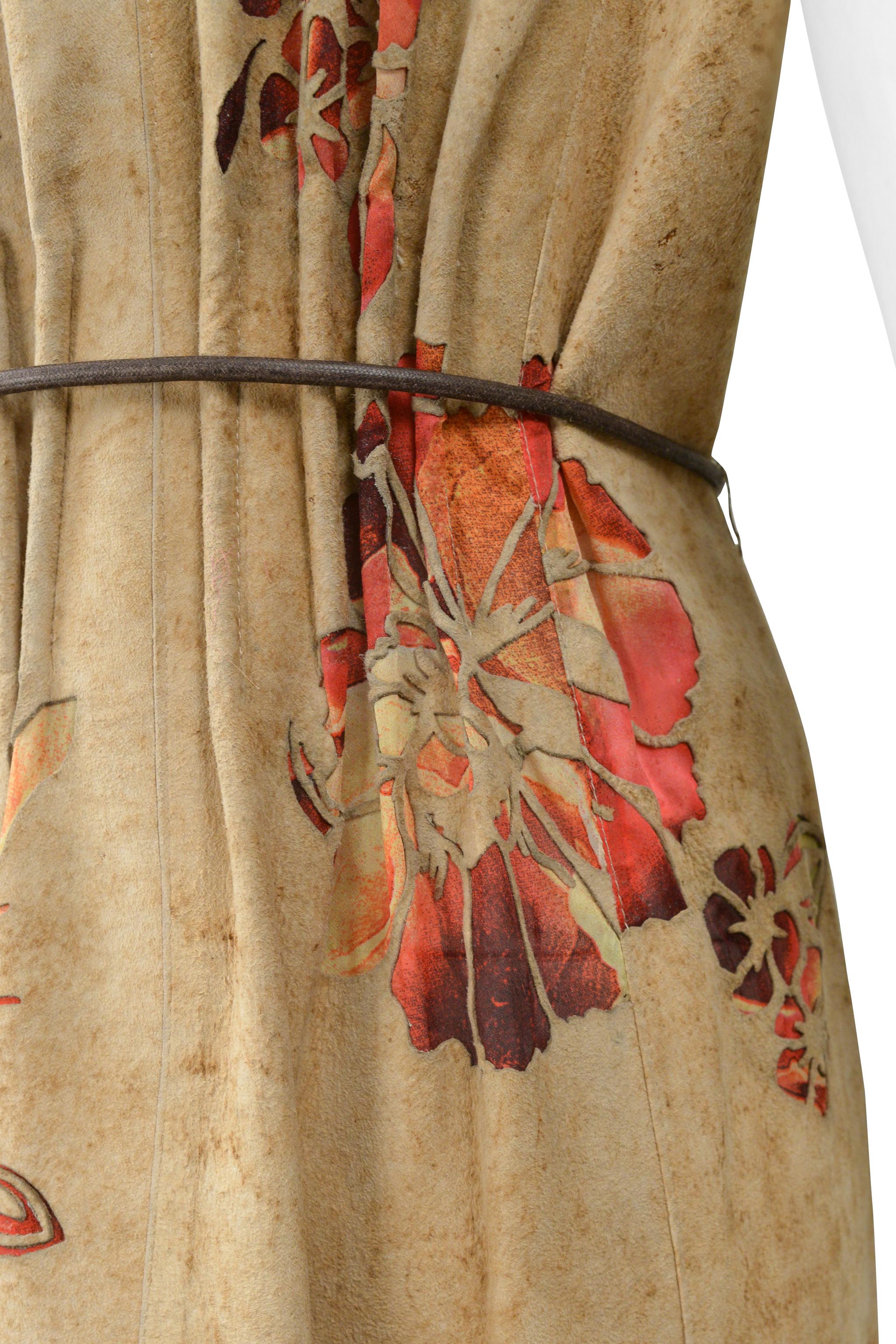 Roberto Cavalli Tan Distressed Suede Vest Dress With Laser Cut Floral Pattern For Sale 1
