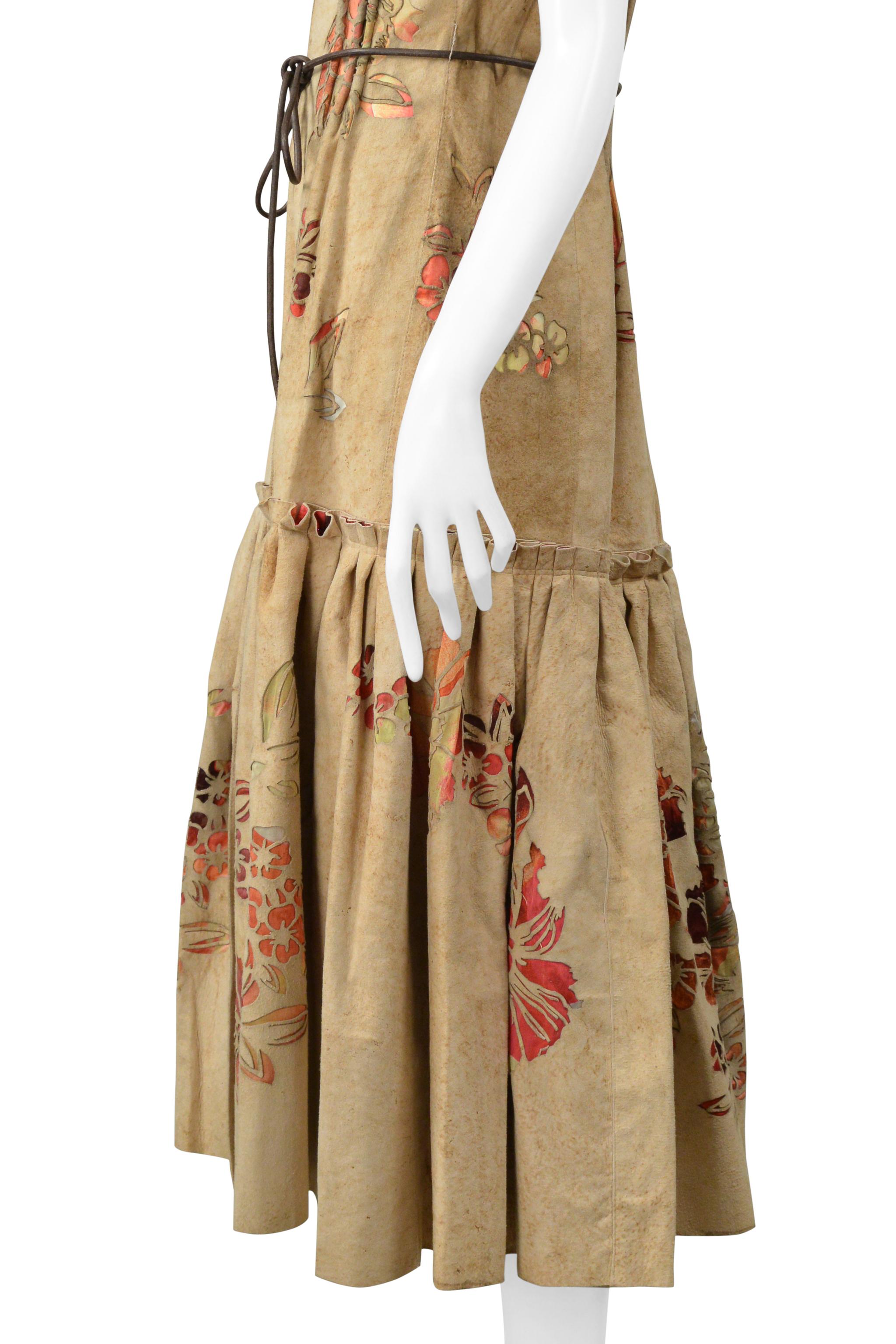 Roberto Cavalli Tan Distressed Suede Vest Dress With Laser Cut Floral Pattern For Sale 2