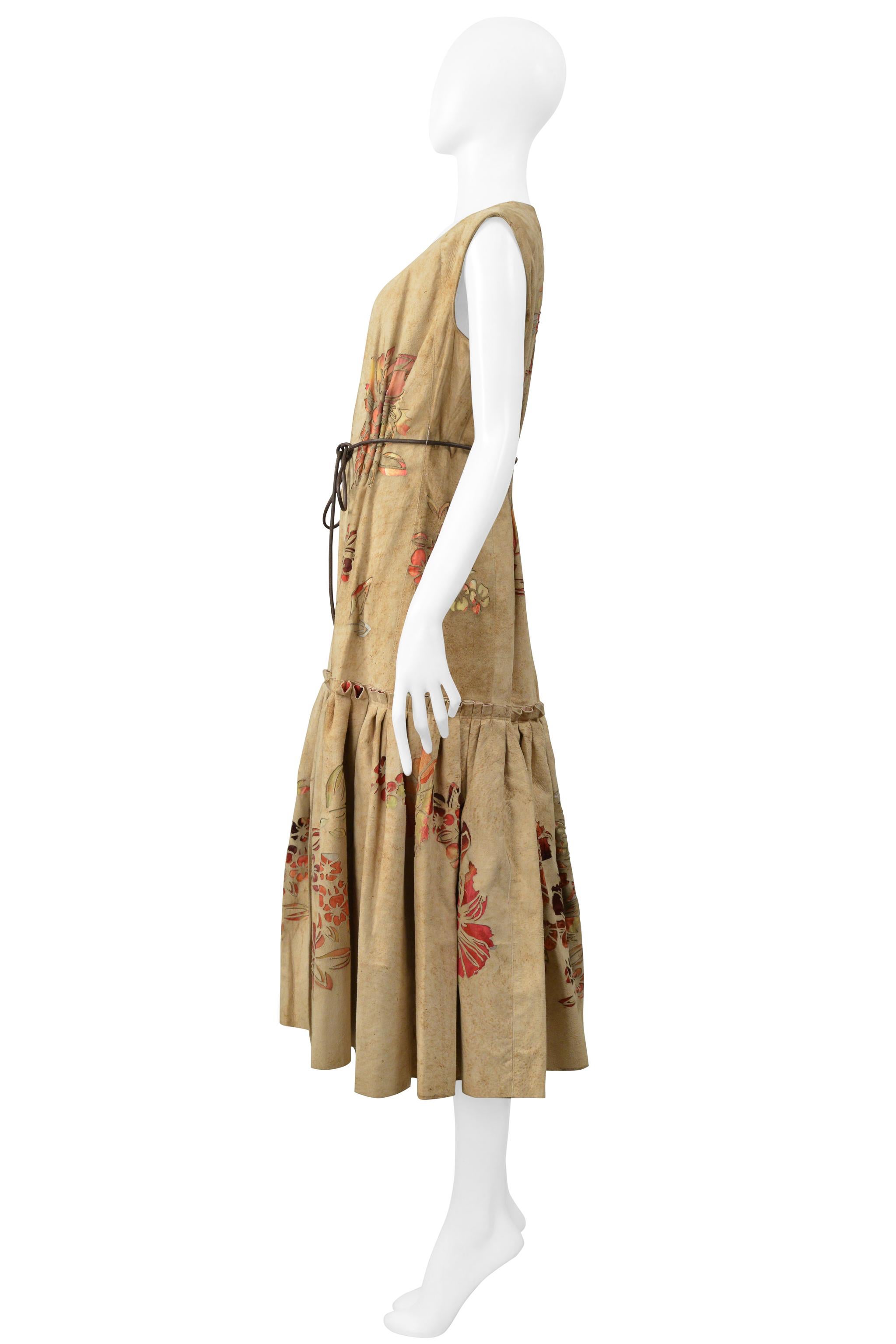 Roberto Cavalli Tan Distressed Suede Vest Dress With Laser Cut Floral Pattern For Sale 3
