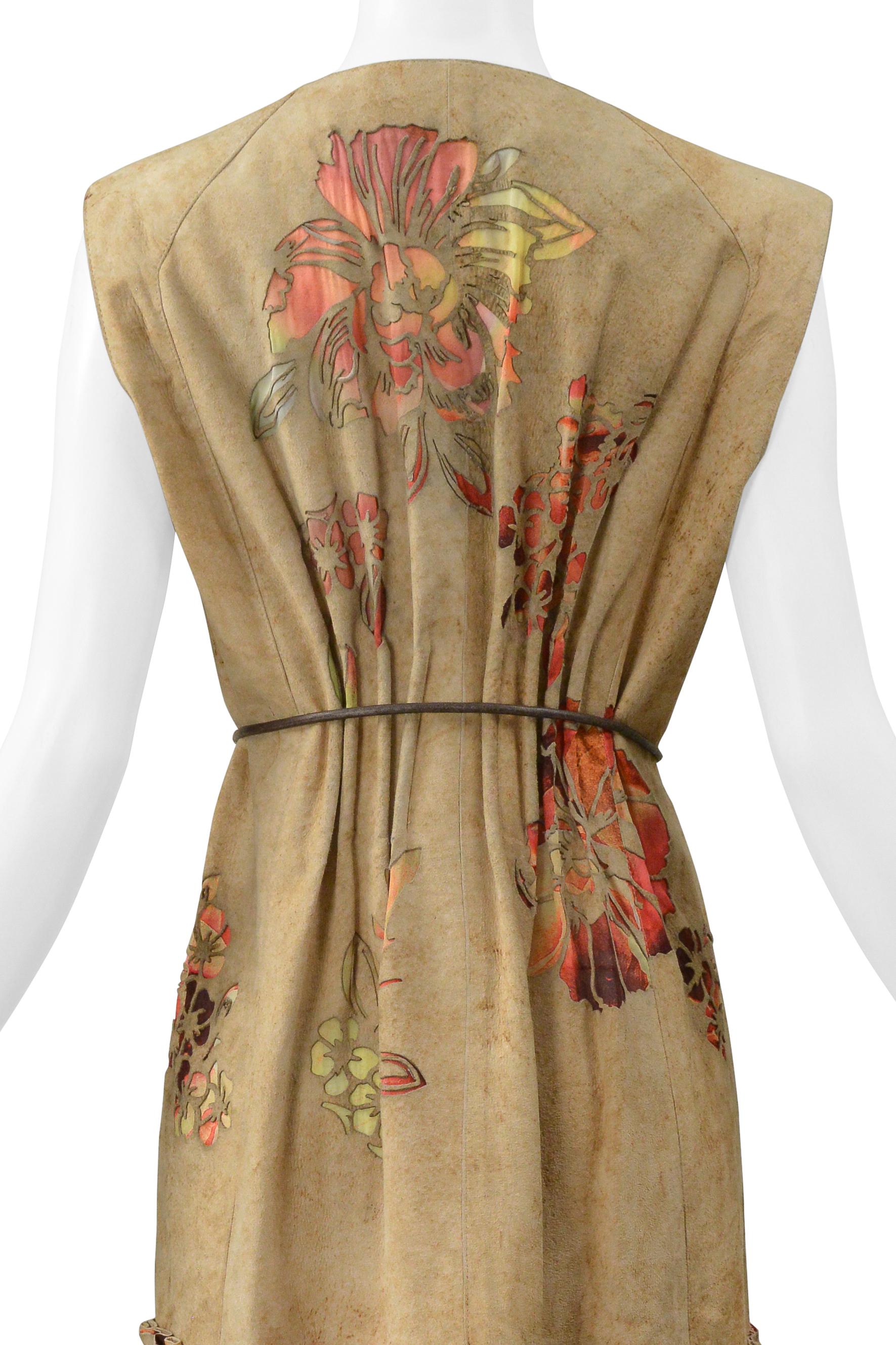 Roberto Cavalli Tan Distressed Suede Vest Dress With Laser Cut Floral Pattern For Sale 4