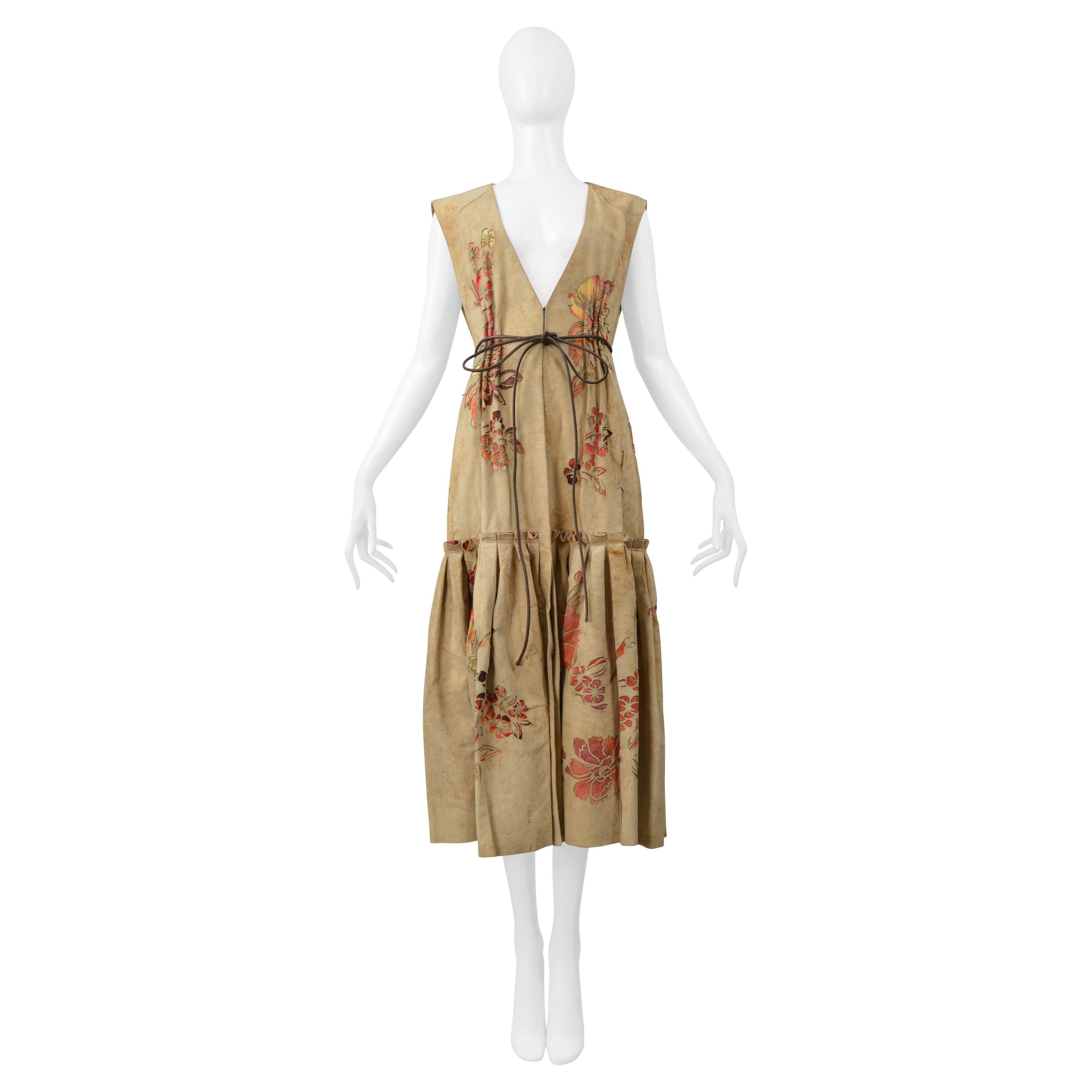 Roberto Cavalli Tan Distressed Suede Vest Dress With Laser Cut Floral Pattern For Sale