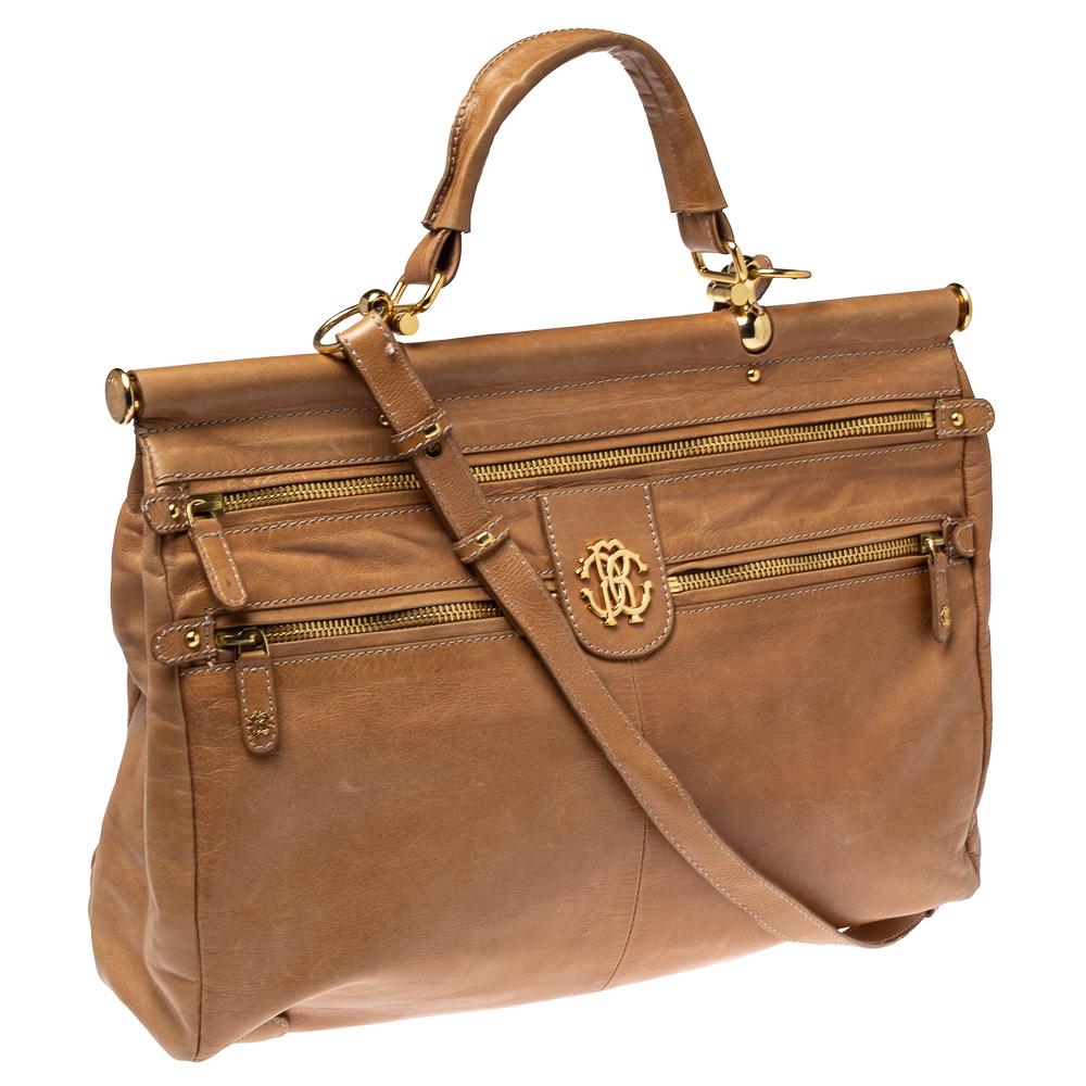 Brown Roberto Cavalli Tan Leather Multiple Pocket Top Handle Bag