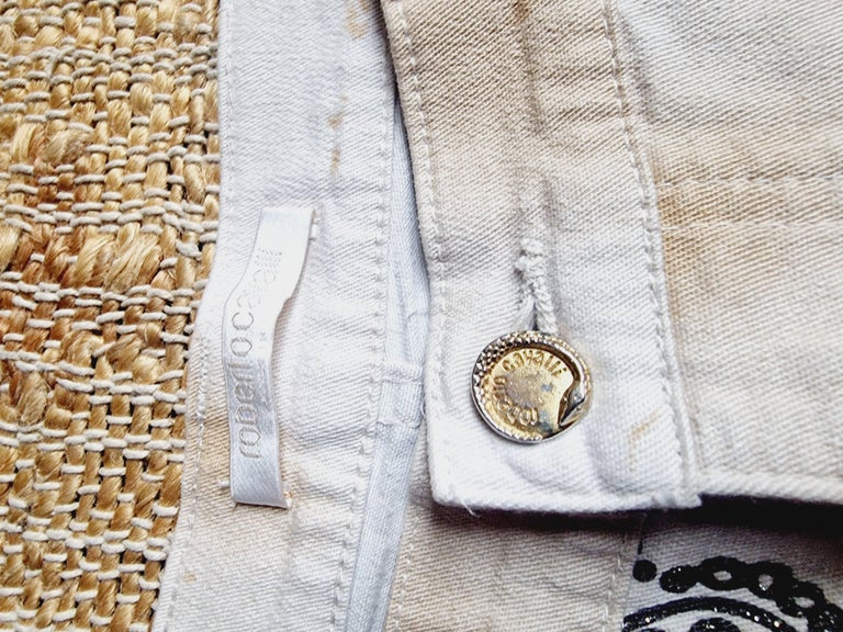 Jean Vintage Roberto Cavalli Avec Motifs Tatouage Cœurs – Taille L, Coupe Droite Beige