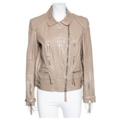 Roberto Cavalli Taupe Embossed Leather Zip Front Biker Jacket L