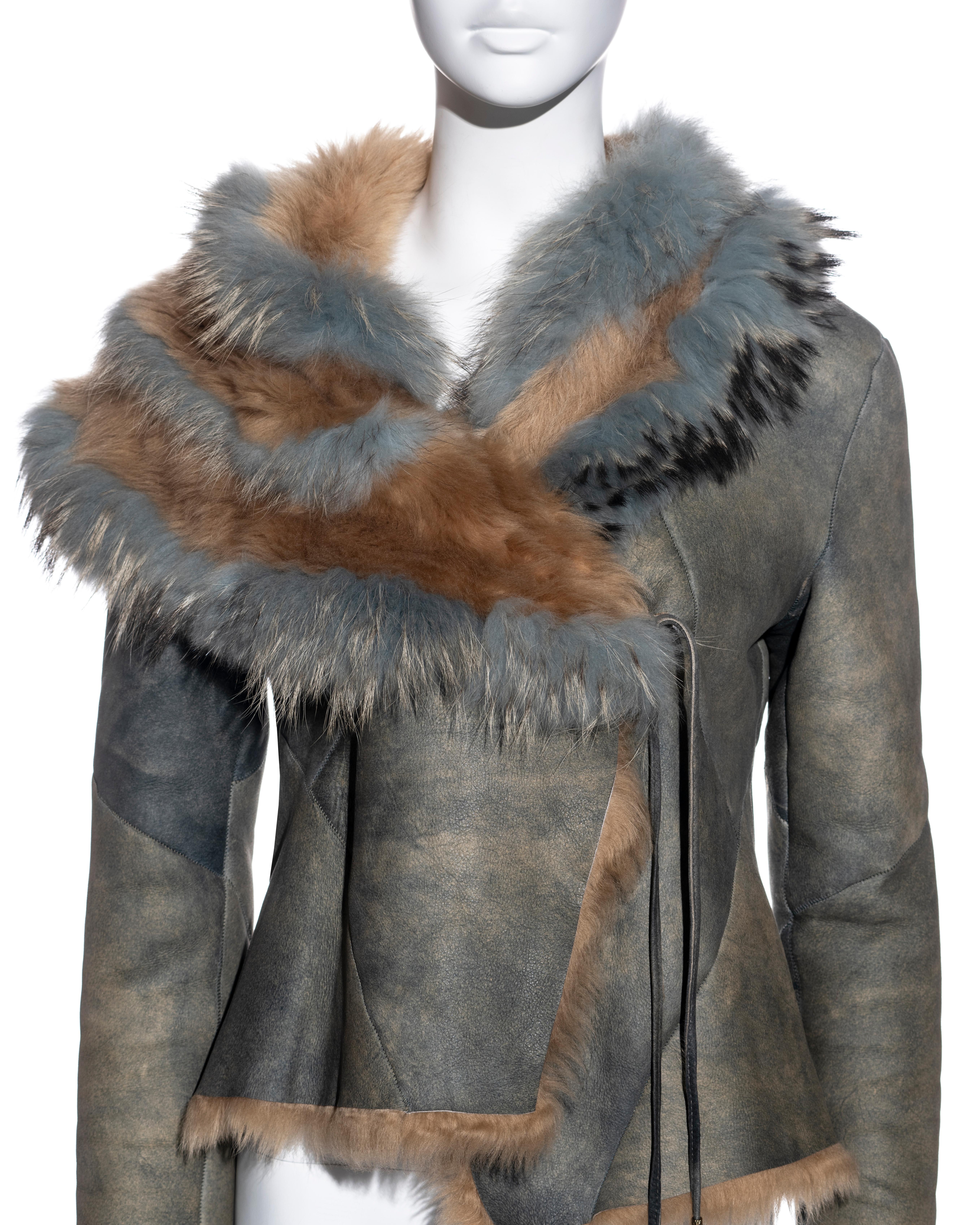 Gray Roberto Cavalli teal and camel shearling jacket, fw 2001