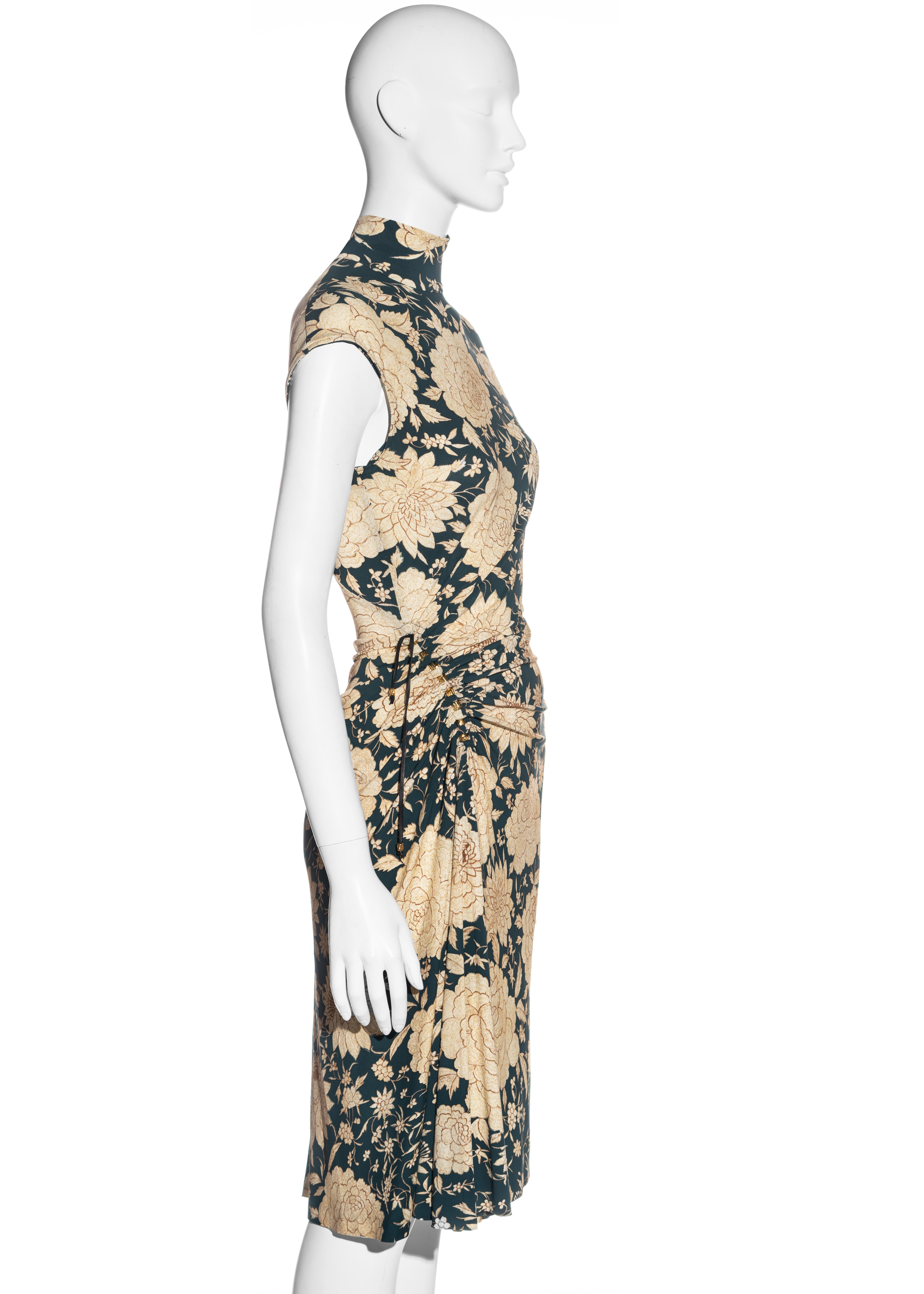 Women's Roberto Cavalli teal and gold floral ruched drawstring evening dress, c. 2000s