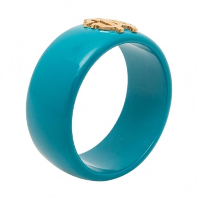 Women's Roberto Cavalli Teal Blue Logo Wide Bangle Bracelet For Sale