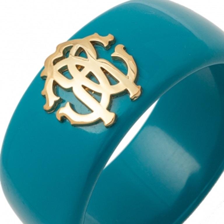 Roberto Cavalli Teal Blue Logo Wide Bangle Bracelet For Sale 1