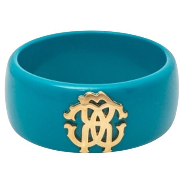 Roberto Cavalli Teal Blue Logo Wide Bangle Bracelet