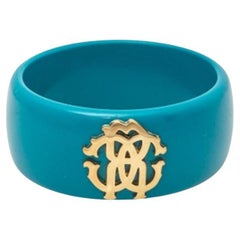 Roberto Cavalli Teal Blue Logo Wide Bangle Bracelet