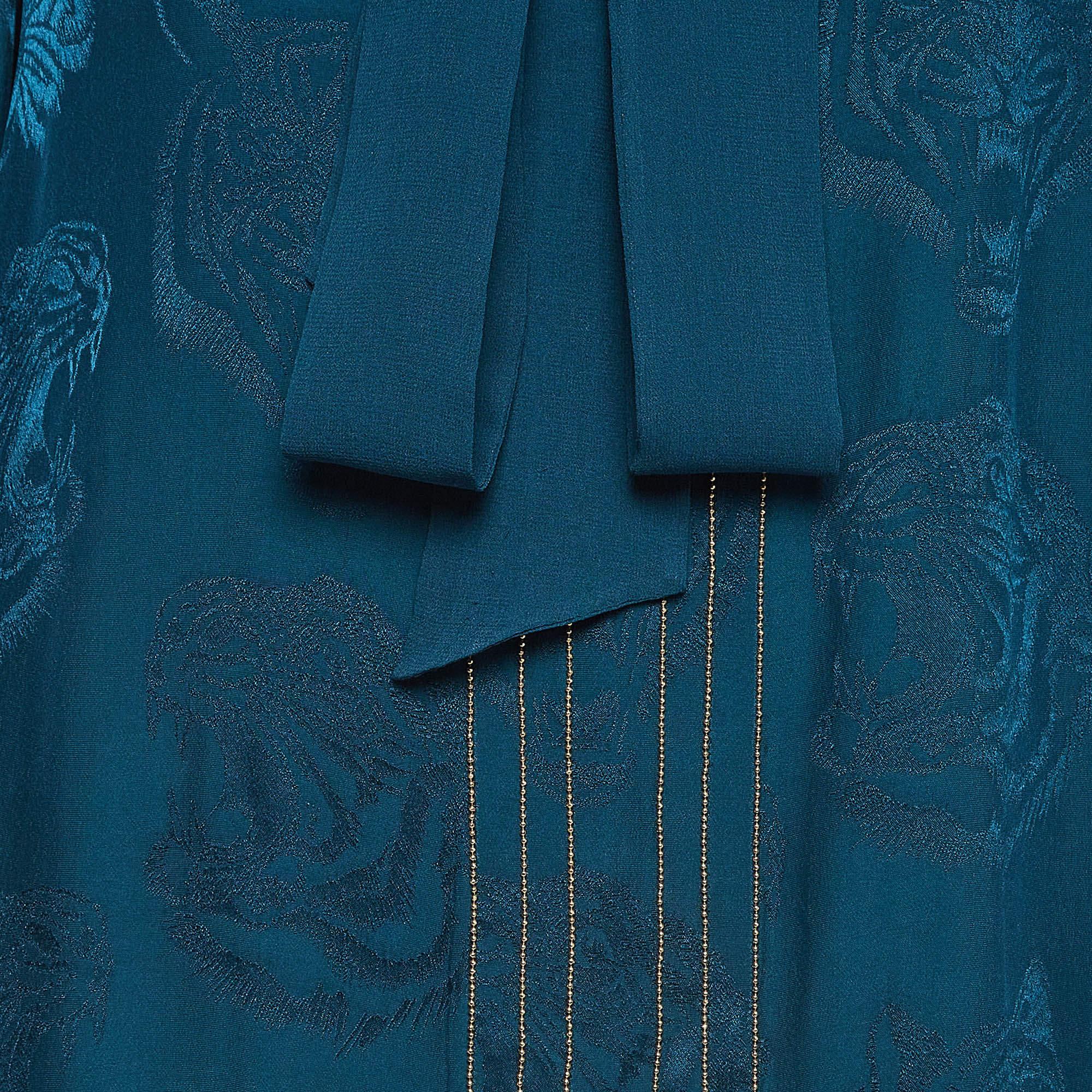 Roberto Cavalli Teal Blue Tiger Jacquard Embellished Blouse S In Good Condition In Dubai, Al Qouz 2