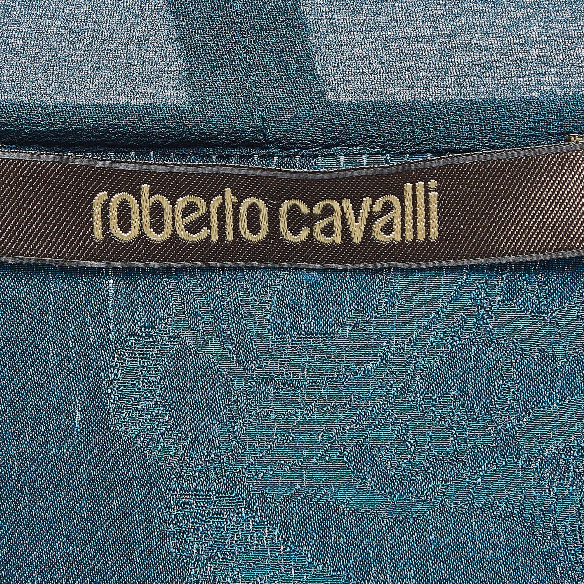 Roberto Cavalli Teal Blue Tiger Jacquard Embellished Blouse S 1