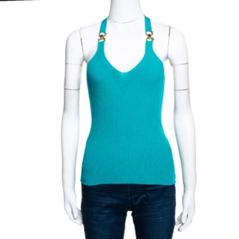 Esta camiseta sin mangas de Roberto Cavalli es una mezcla perfecta de comodidad y estilo. Esta creación azul está confeccionada con tejidos de calidad y presenta un estilo de punto de canalé por todas partes y una espalda deportiva. Combínalo con