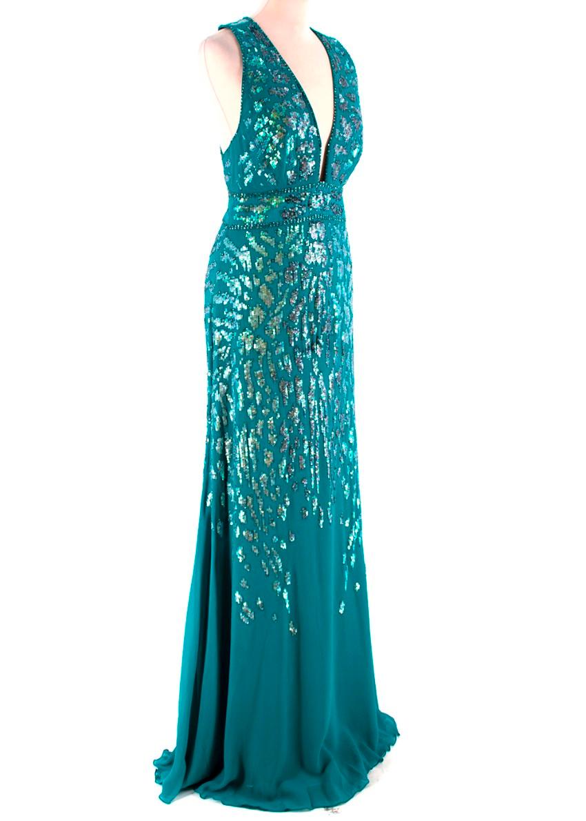 Roberto Cavalli Teal Sequin Embellished Sleeveless Gown

- Sequin embellished 
- Maxi length 
- Frill edged bottom hem
- Back zip and clasp fastening 
- Hook fastening to connect the straps 

Materials:
- Silk-blend 

Measurements are taken laying