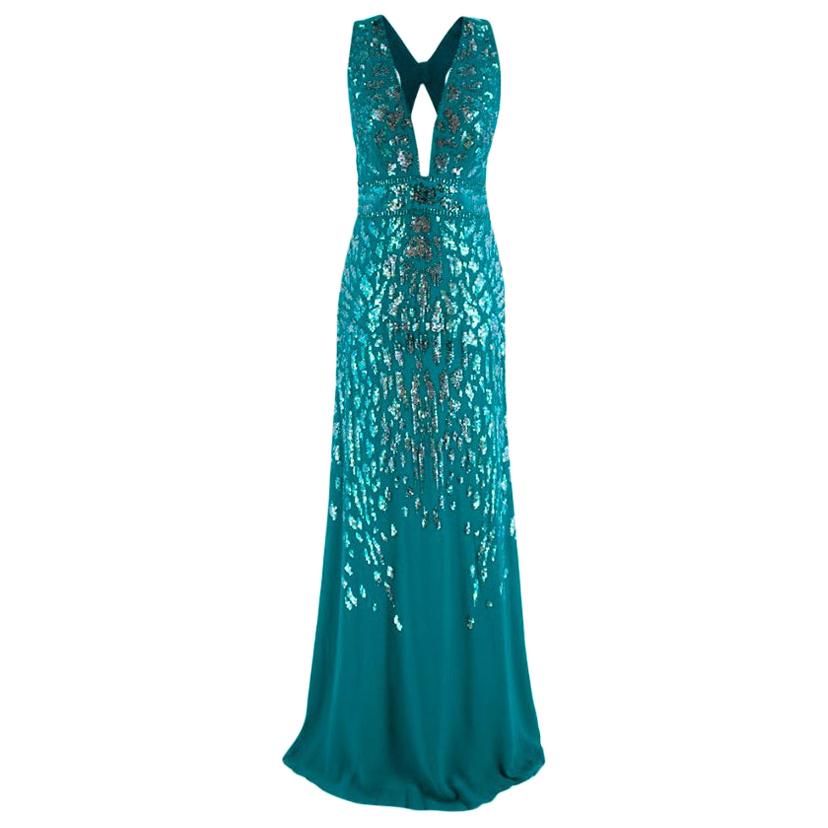 Roberto Cavalli Teal Sequin Embellished Sleeveless Gown - Size US6