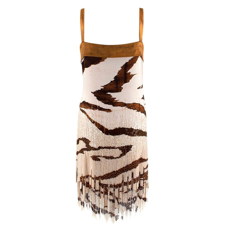 Roberto Cavalli Tiger Print Beaded Sequin Silk Dress - Us Size 8 For Sale  at 1stDibs