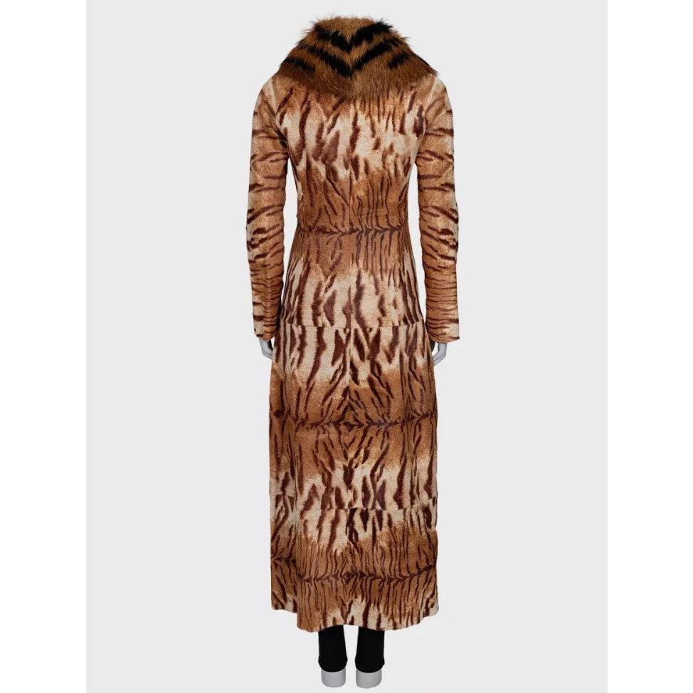Marron Roberto Cavalli Manteau en cuir imprimé tigre Col fourrure XS en vente