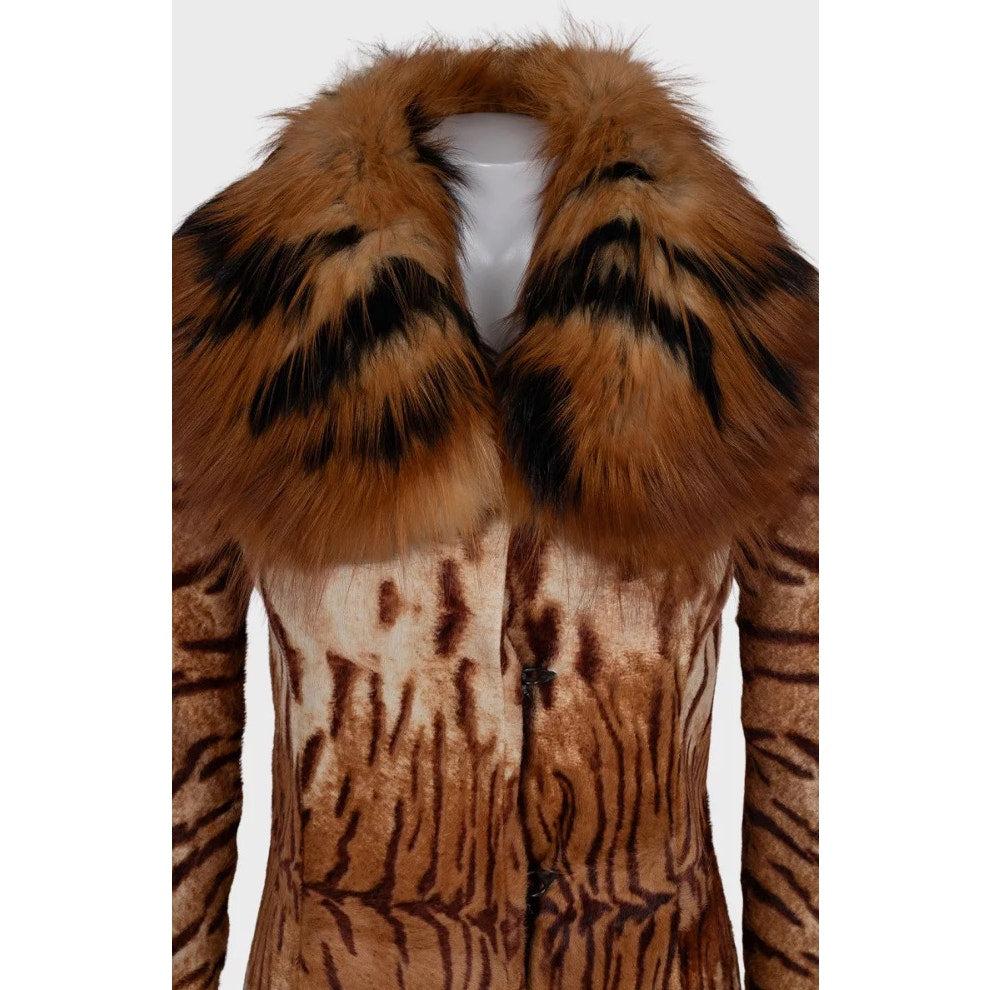 Roberto Cavalli Manteau en cuir imprimé tigre Col fourrure XS Excellent état - En vente à Krakow, PL