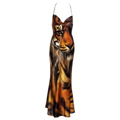Roberto Cavalli tiger print silk bias cut halter neck evening dress, fw 2000